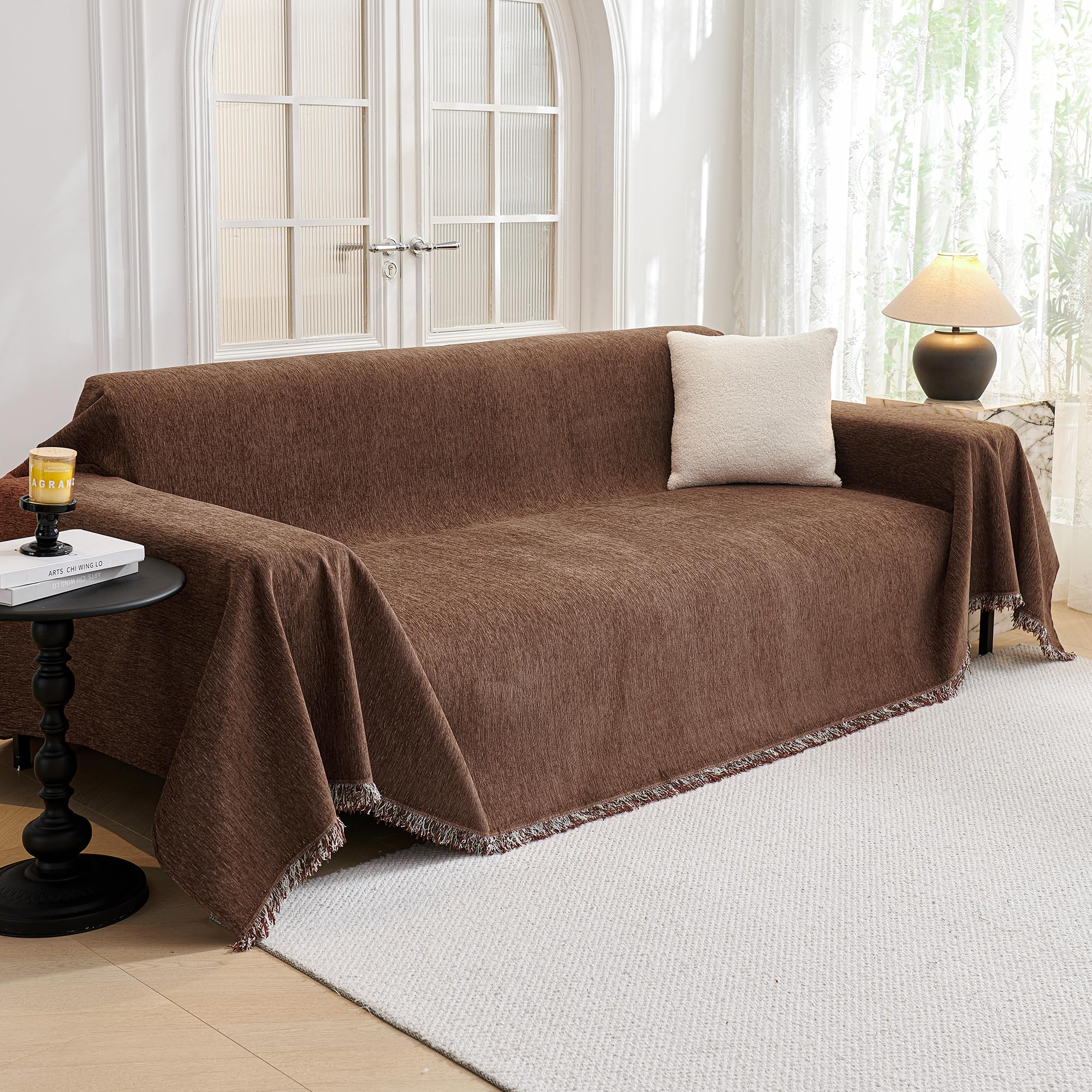 MYSKY HOME Chocolate Couch Cover Non Slip Dog Sectional Sofa Cover for 3 Cushion Couch Sofa Slipcover with Tassels Futon Cover N