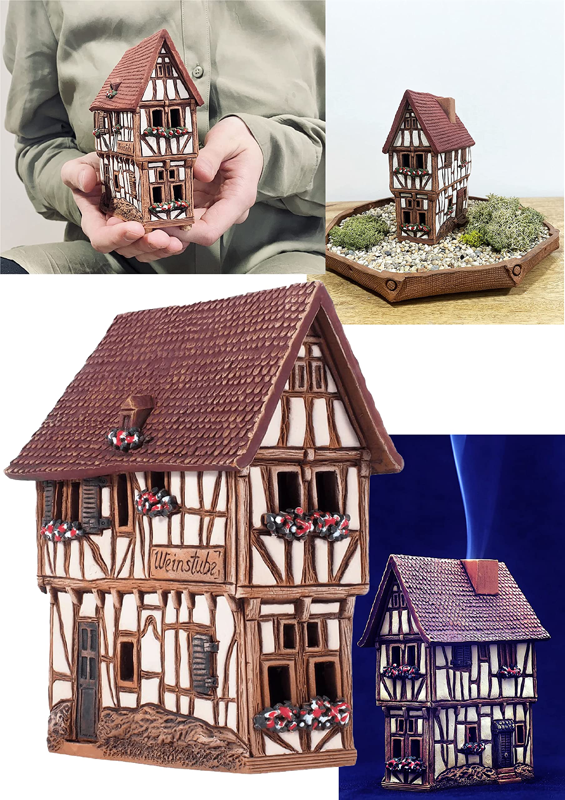 Midene Ceramic Houses Collection - Handmade Miniature of Historic Winery in Bernkastel-Kues, Germany - Candle, Cone Incense Hold