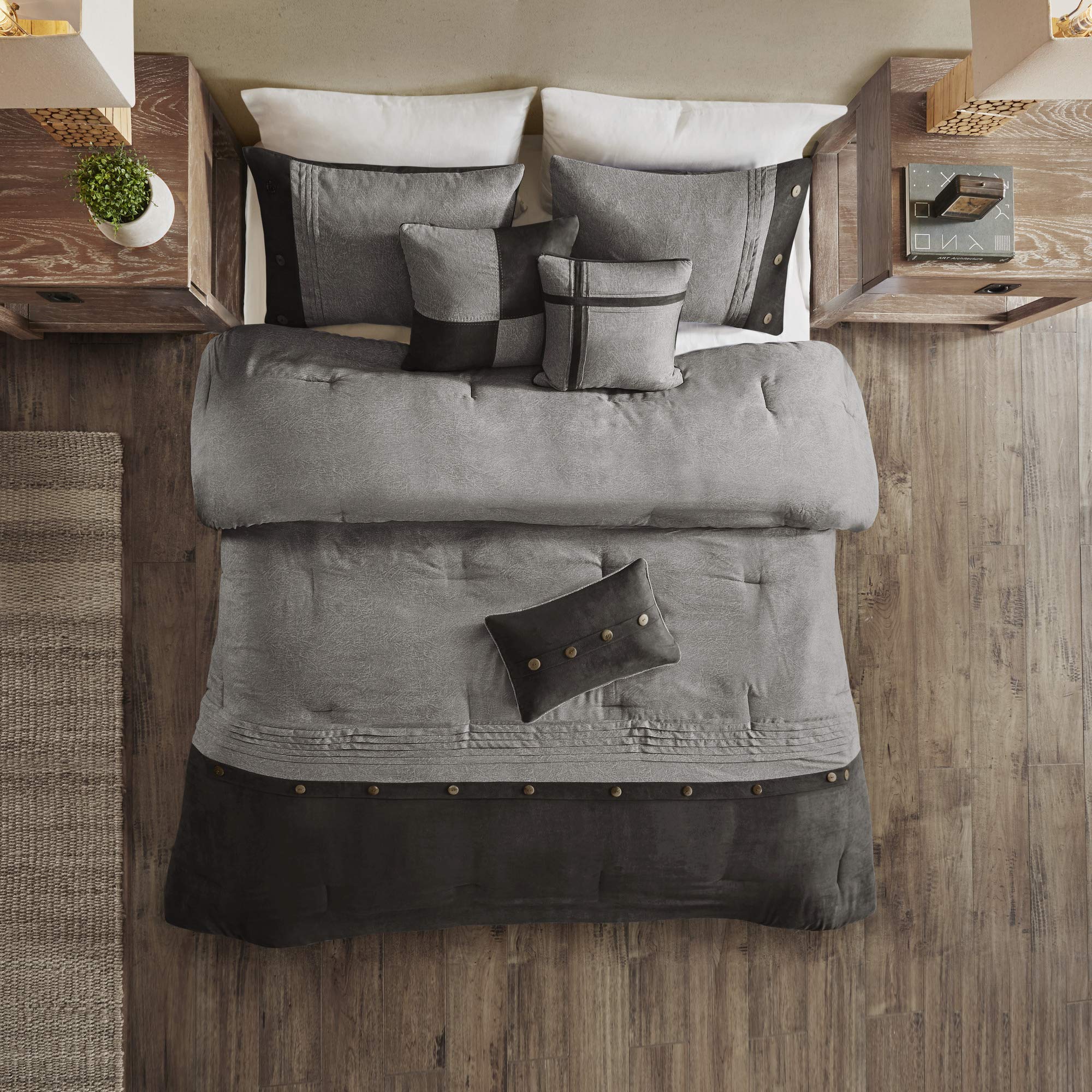 Madison Park Boone Cozy Comforter Set, Faux Suede, Deluxe Hotel Styling All Season Down Alternative Bedding Matching Shams, Decorative Pillow, California King (104 In X 92In), Rustic Grey 7 Piece Dark Grey 7Pcs