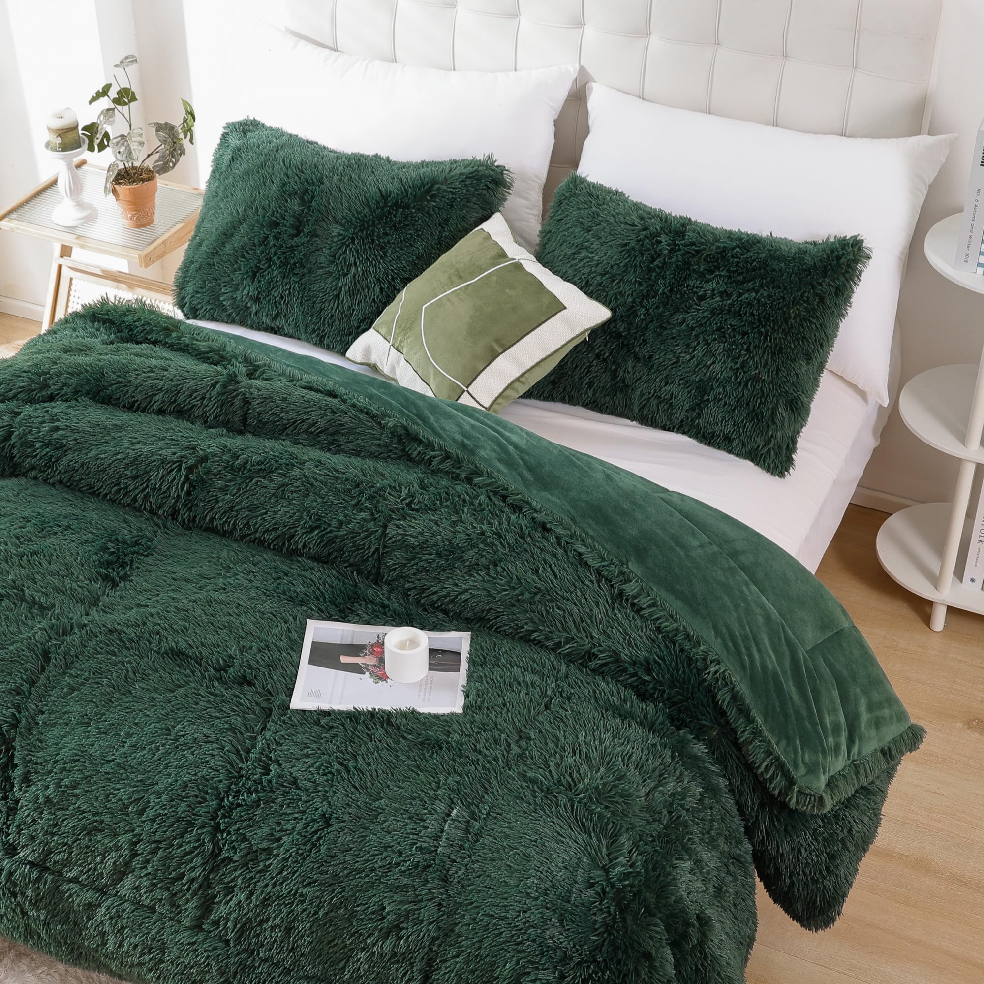 Smoofy Faux Fur Emerald Green Comforter Set Queen Size 3Pcs Fluffy Fuzzy Plush Comforter Set Cute Soft Shaggy Velvet Double-Side