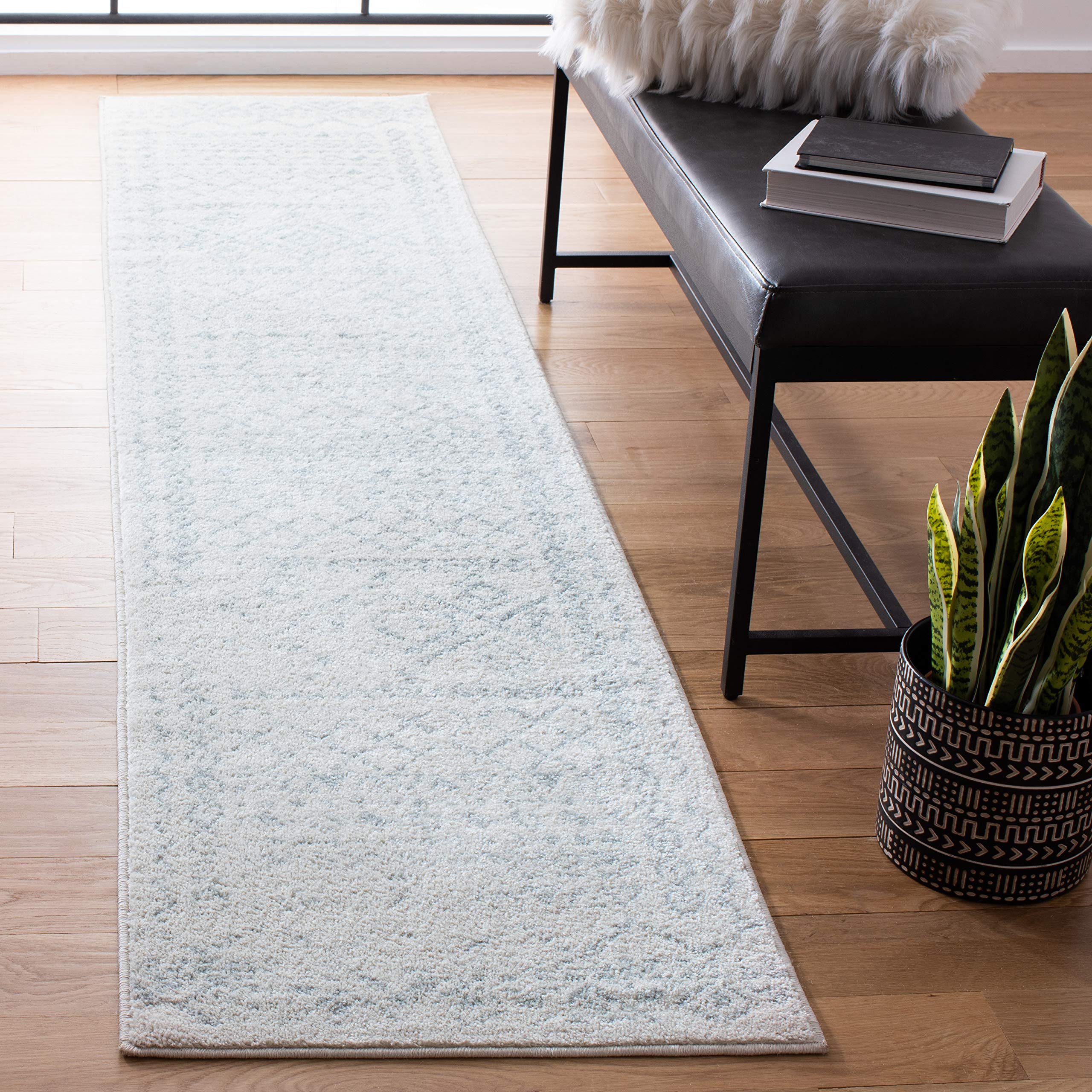 SAFAVIEH Tulum Collection Runner Rug - 2 x 7, Ivory & Light Grey, Moroccan Boho Distressed Design, Non-Shedding & Easy Care, I
