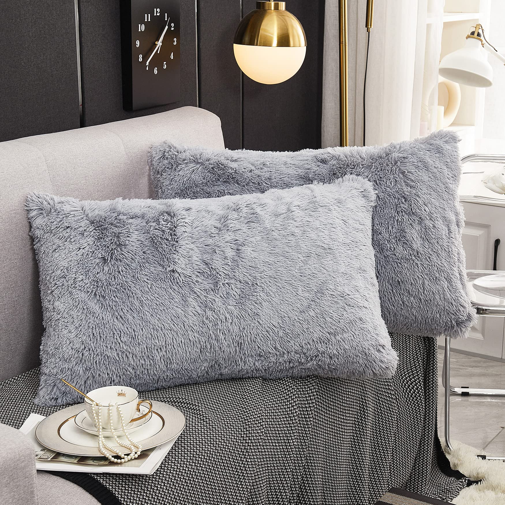 Werdim Shaggy Faux Fur Pillowcases 2 Pack Button Closure Velvet Pillow Shams King Size (Light Grey, 20 X 36 Inches)