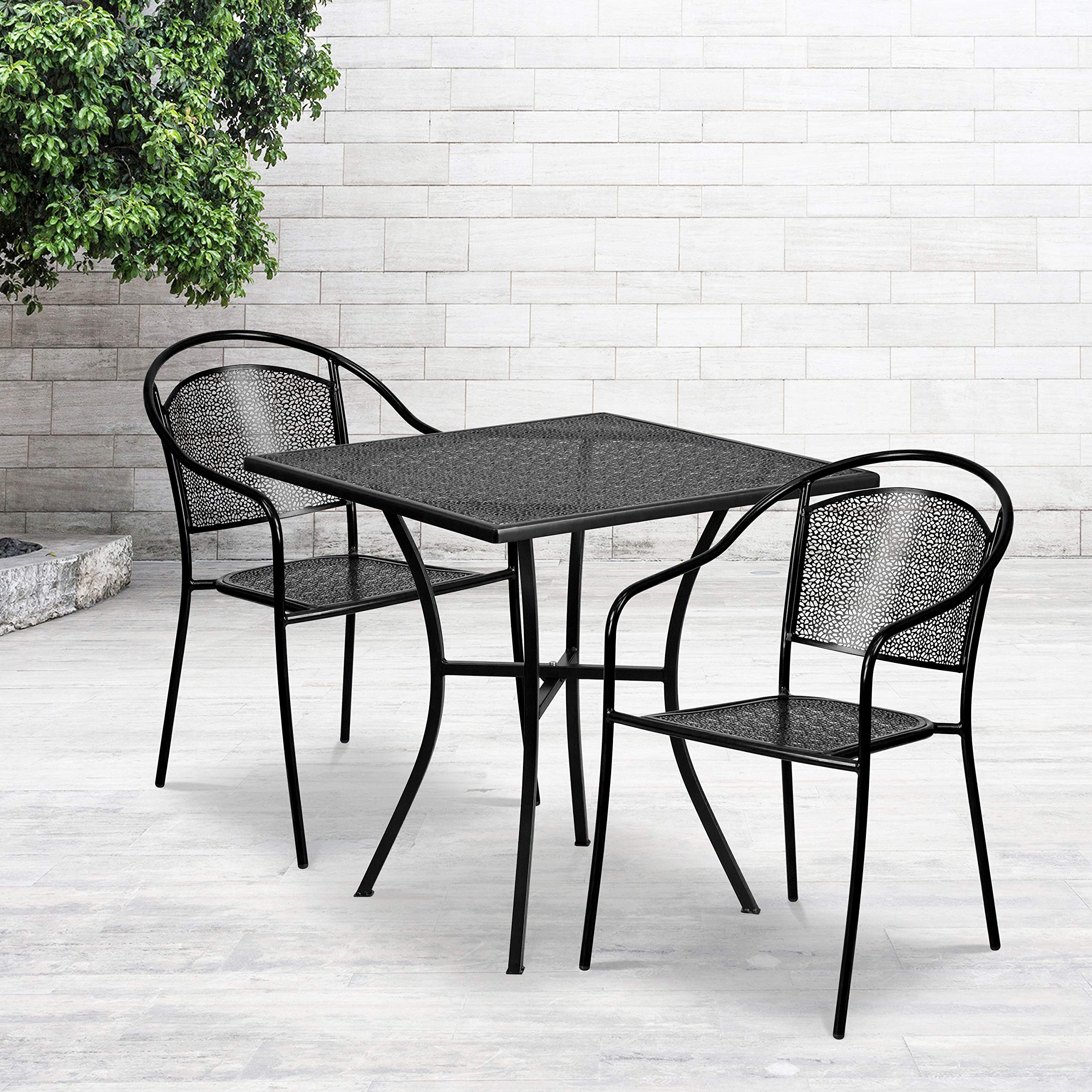 Flash Furniture Oia Commercial Grade 35.5 Square White Indoor-Outdoor Steel Patio Table Set with 2 Round Back Chairs
