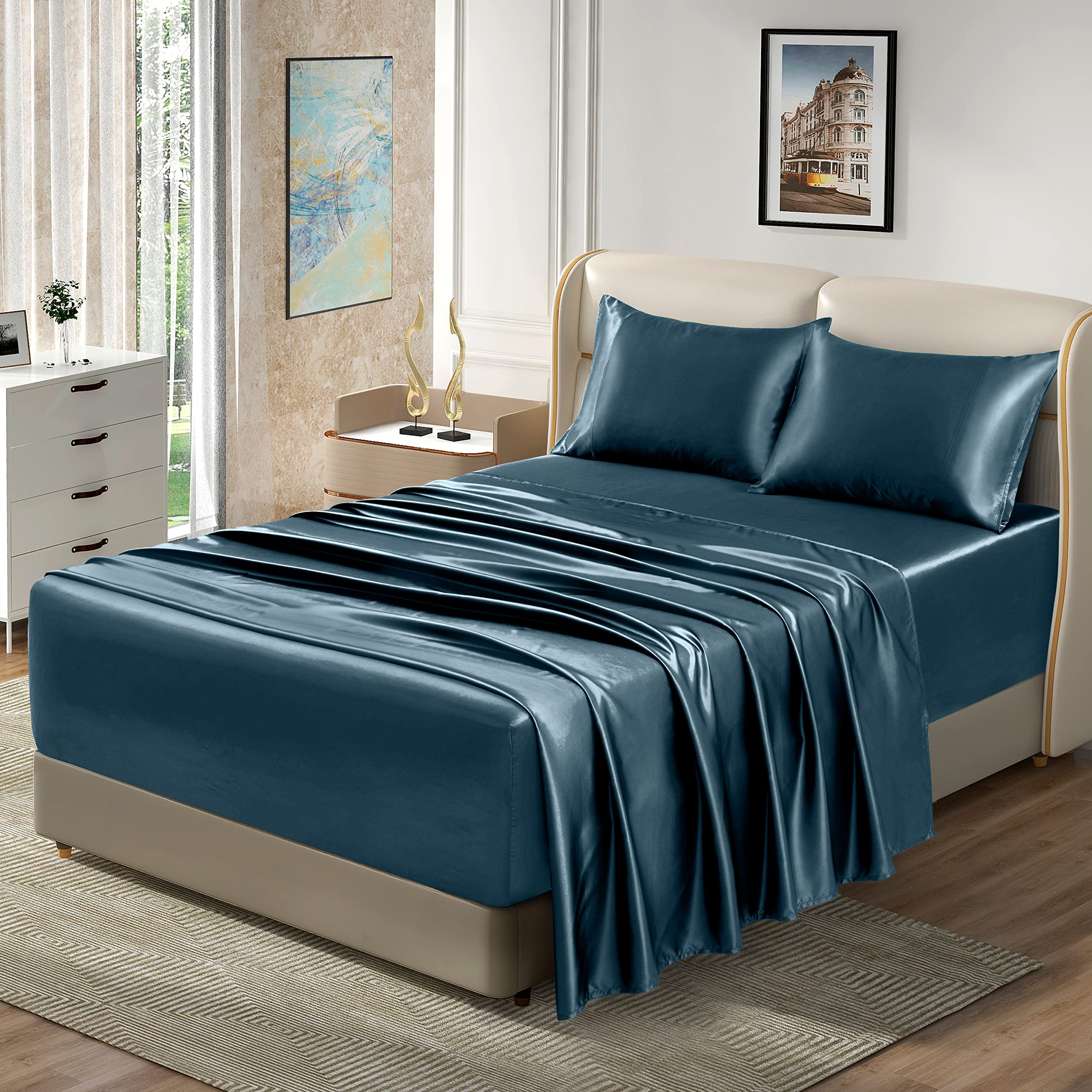 Homiest 4Pcs Extra Deep Pocket Satin Sheets Queen Size Bed Set, 18-24 Inch Deep Pocket Bed Sheets Deep Sea Blue Satin Sheet Set, Silky Satin Bedding Set Soft Fitted Sheet Set Fits Ultra Deep Mattress