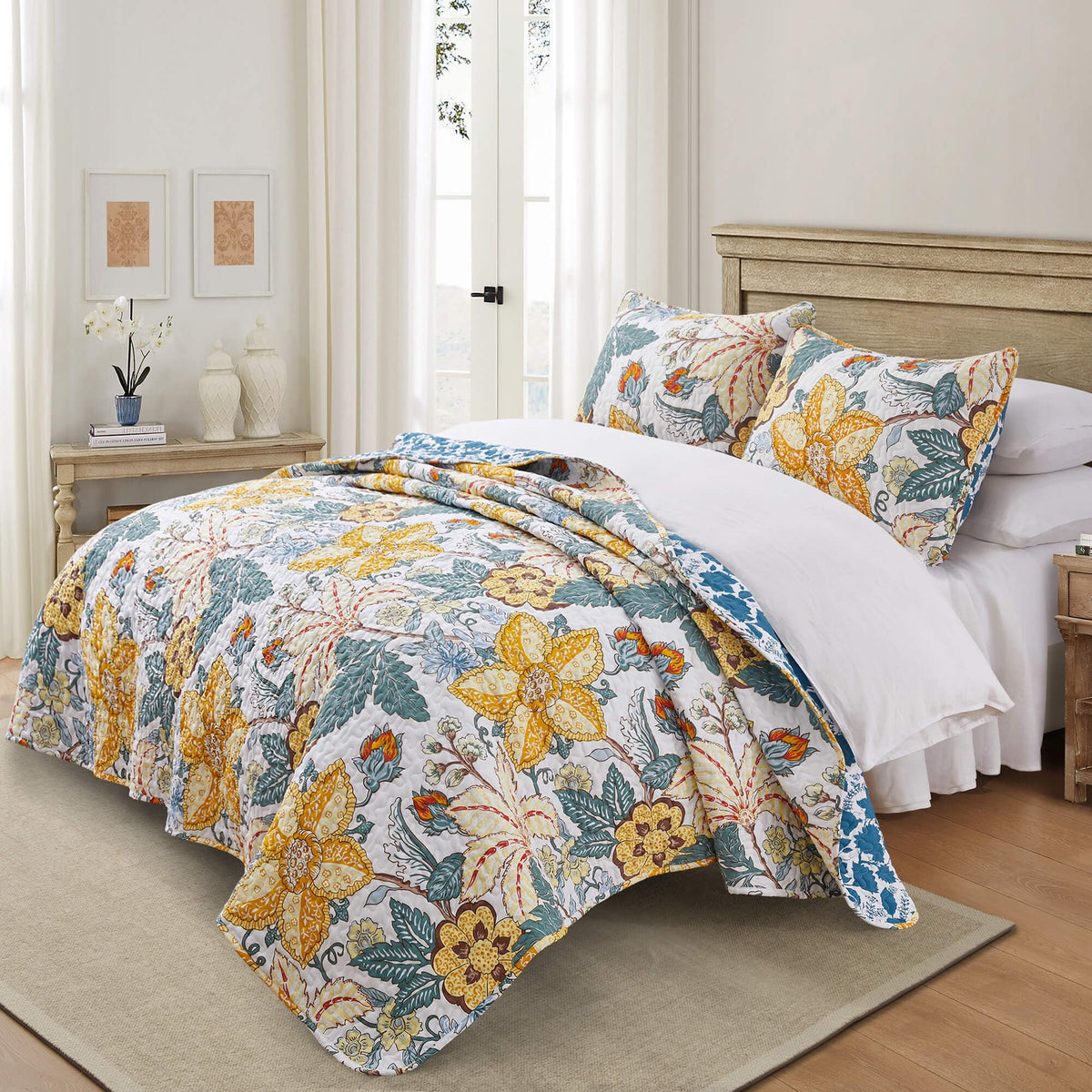 Quilt Queen Size Bedding Set - Floral Quilt Bedspread 3 Pieces For Queen Bed Tropical Rustic Bedding Set In Flower Style Print V
