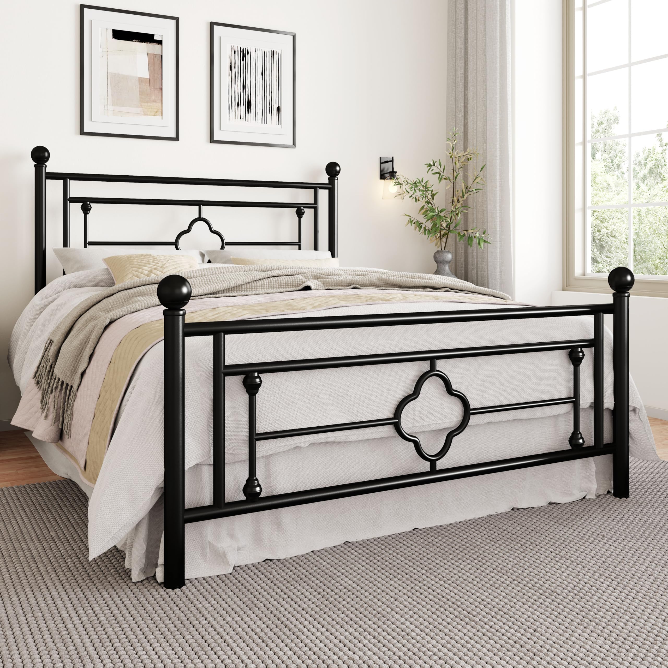 Sha Cerlin 14 Inches Full Size Metal Platform Bed Frame/Vintage Iron-Art Headboard And Footboard/Mattress Foundation For Storage/No Box Spring Needed/Noise-Free/Easy Assembly/Black