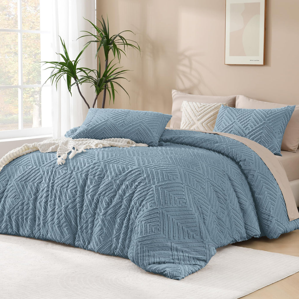 Andency Grayish Blue Comforter Set King Size, 3 Pieces Boho Bedding Set & Collections, Farmhouse Tufted Fluffy Bedding Comforter