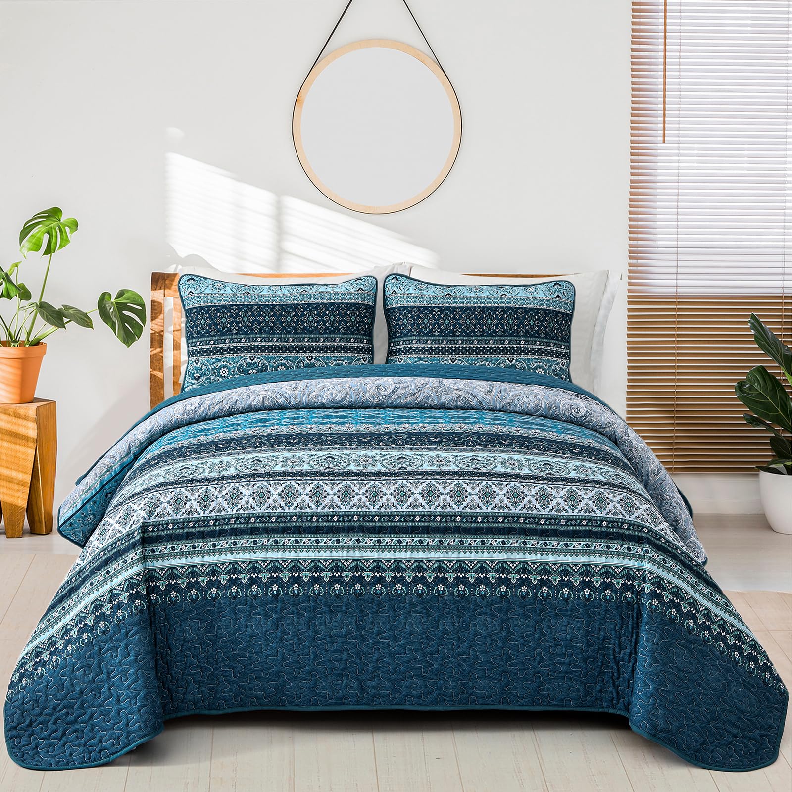 Wongs Bedding Boho Quilt Set Twin Size, Blue Bohemian Twin Quilt Bedding Set, Lightweight Microfiber Bed Decor Bedspread With Pi