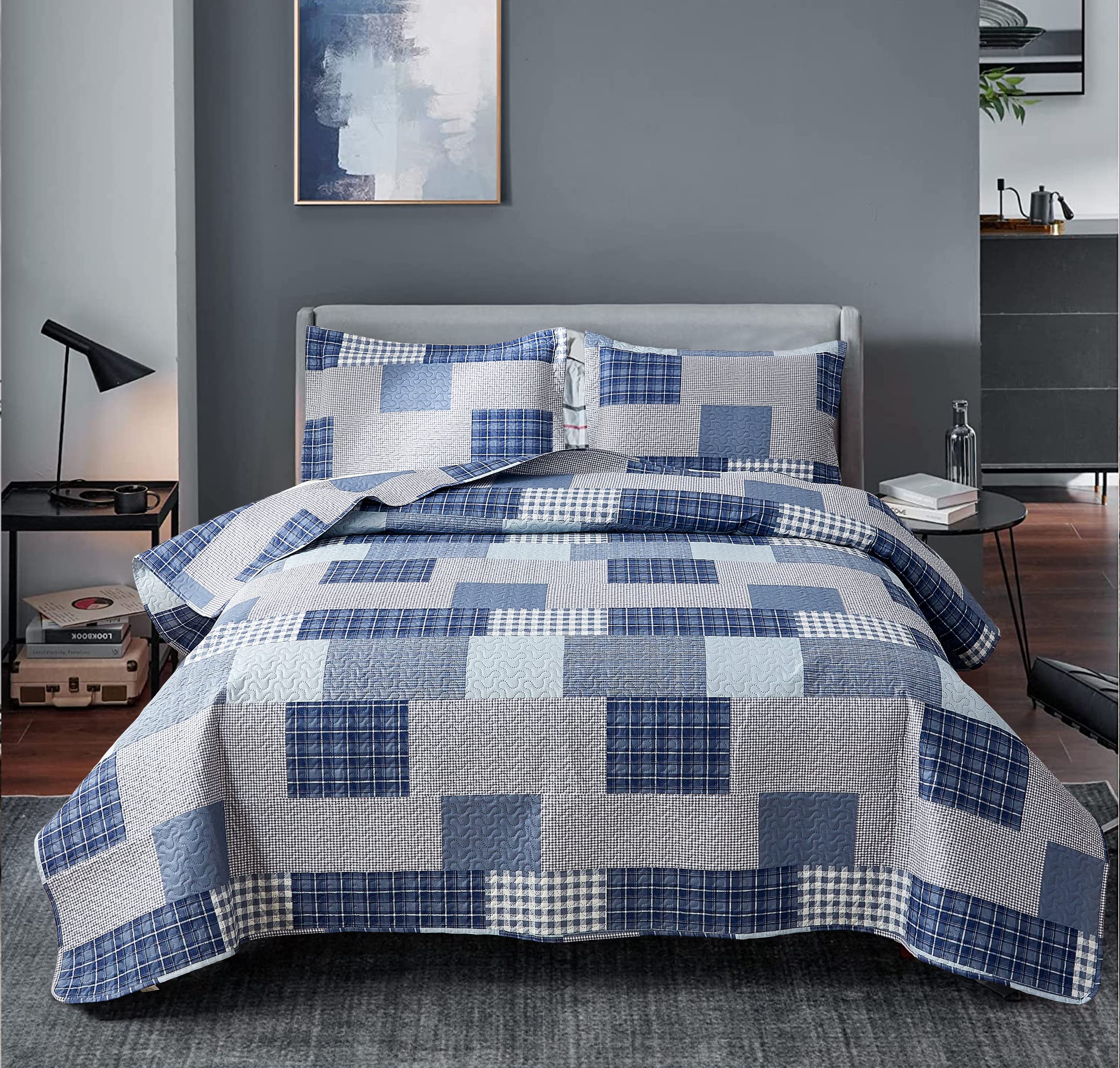 Bedspread Set King Size Plaid Quilt Bedding King Grey Blue Patchwork Modern Lightweight Quilt Bedspread Home Reversible Coverlet
