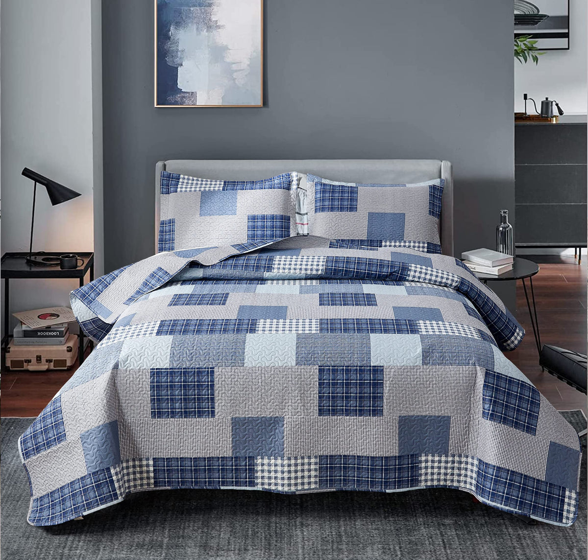 Bedspread Set Queen/Full Size Plaid Quilt Bedding Queen Grey Blue Patchwork Modern Lightweight Quilt Bedspread Home Reversible C