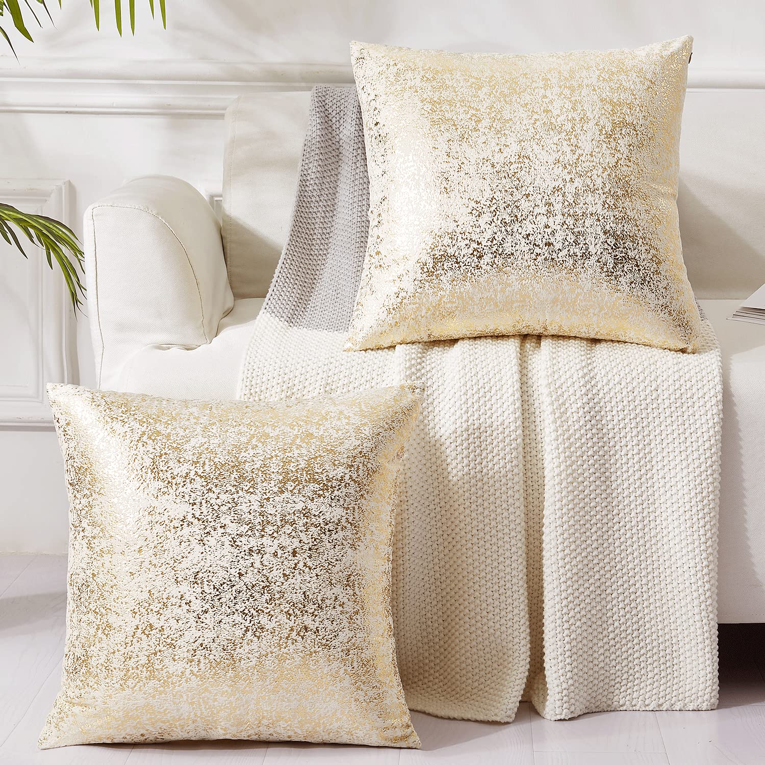 Eucior Champagne Pillow Cover Set Of 2,White And Gold Pillow Covers 16X16,Glitter Velvet Pillow Covers,Solid Color Cushion Cover