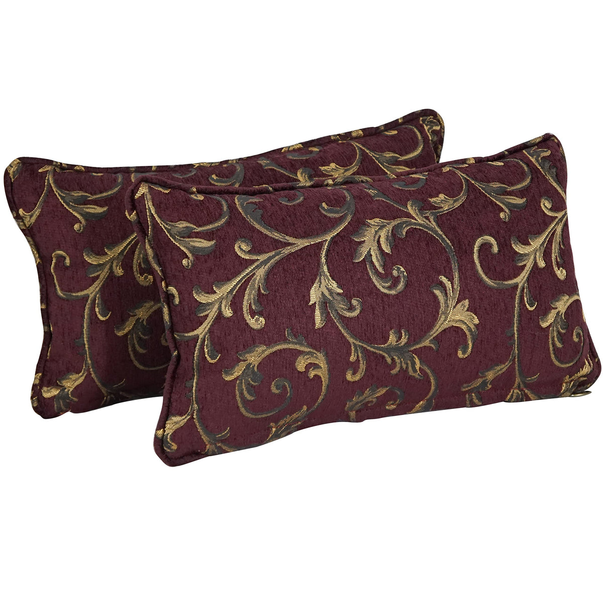 Blazing Needles Corded Rectangular Jacquard Chenille Throw Pillow, 20&quot; x 12&quot;, Burgundy Vines 2 Count