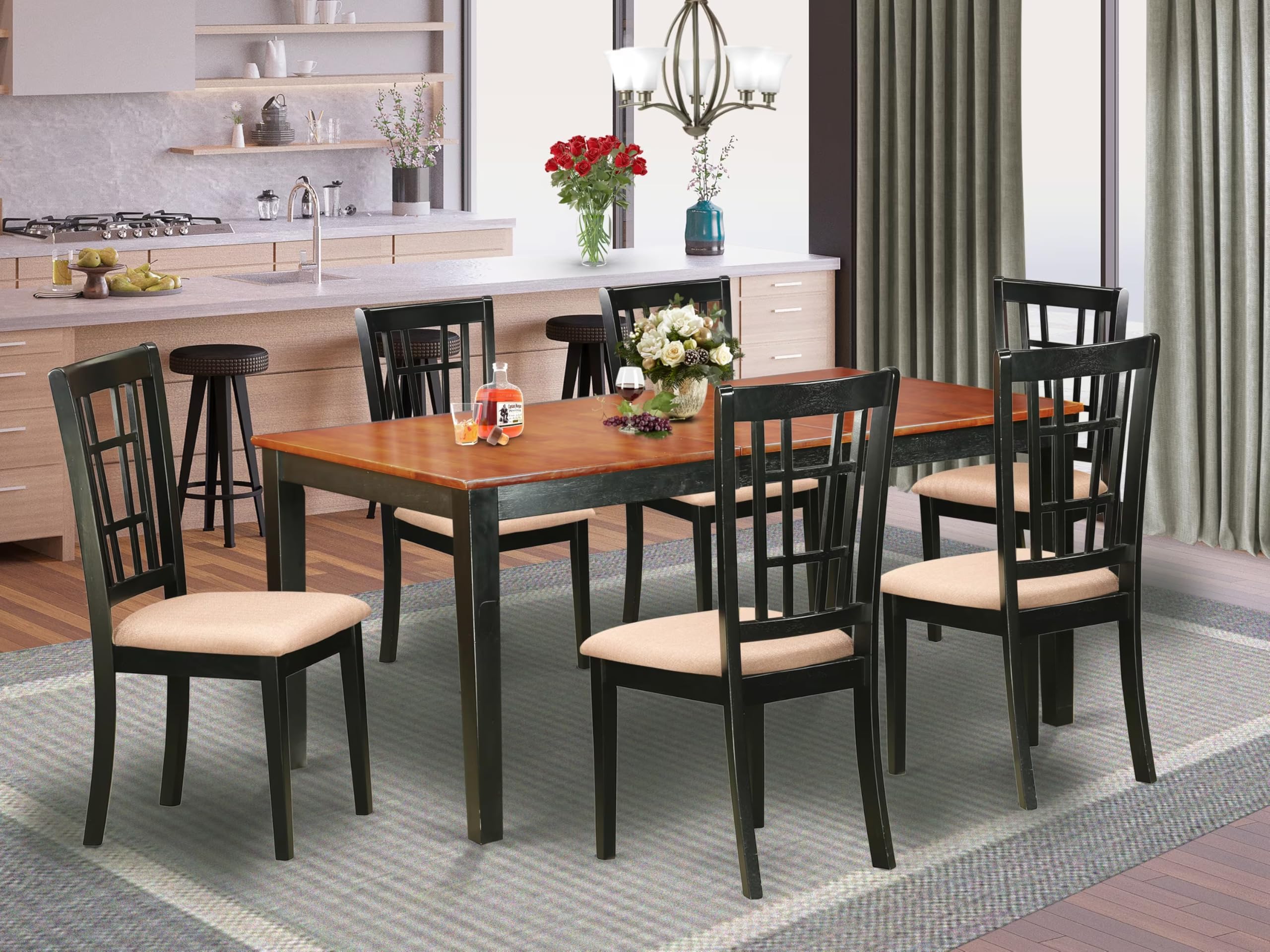 East West Furniture NICO7-BLK-C 7 Piece Set Consist of a Rectangle Dining Room Table with Butterfly Leaf and 6 Linen Fabric Upholstered Kitchen Chairs, 36x66 Inch, Black & Cherry