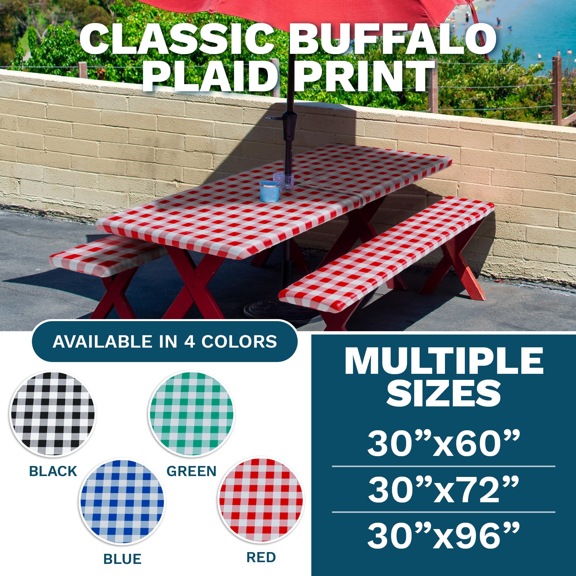 Sorfey Vinyl Umbrella Round Fitted Tablecloth Cover, Checkered Design, Flannel Backed Lining 30 Inch, Blue