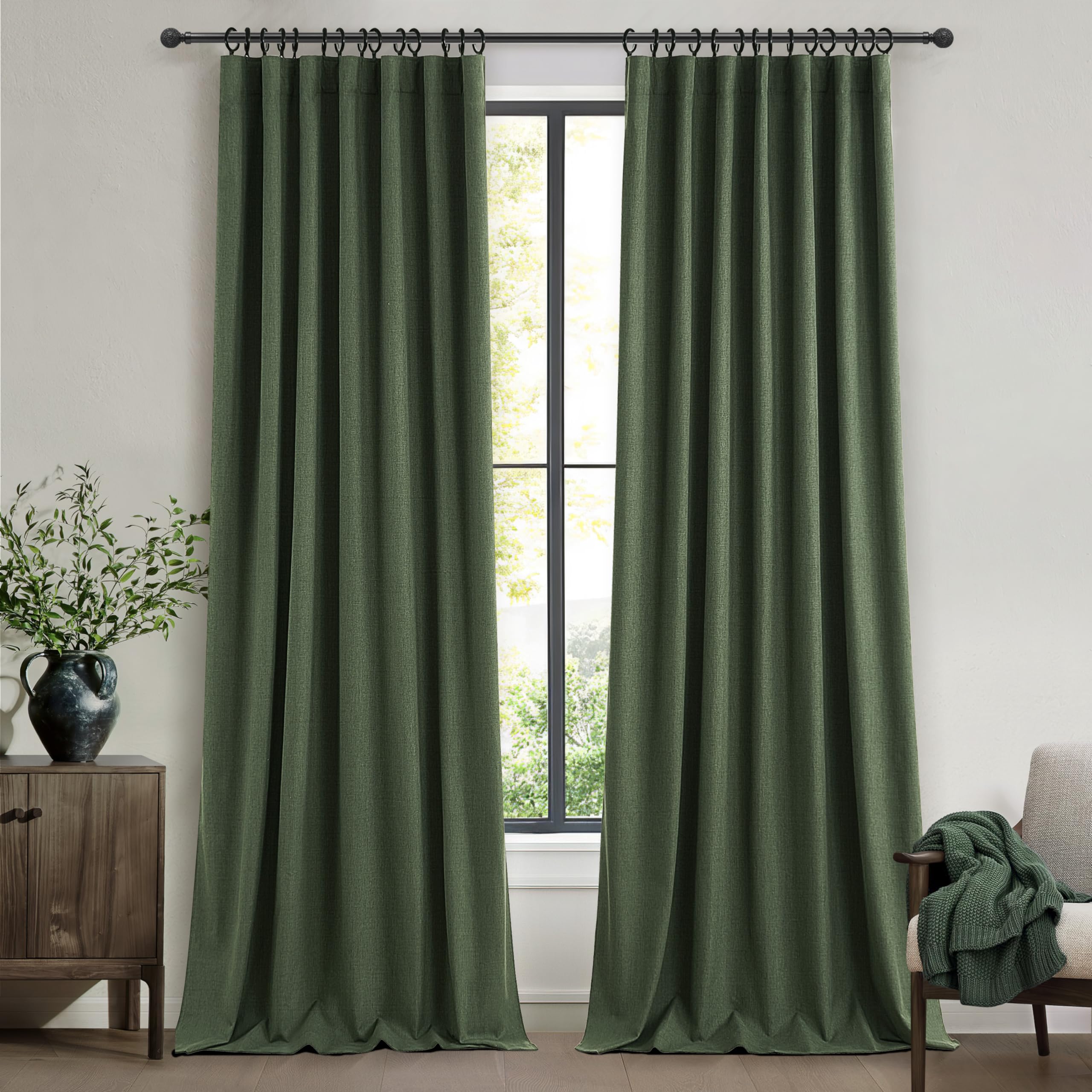 Dark Olive Green Pleated Curtains 92 Inches Long, Blackout Spring Curtain for Living Room Cooling Heat Reflective Linen Look Vin