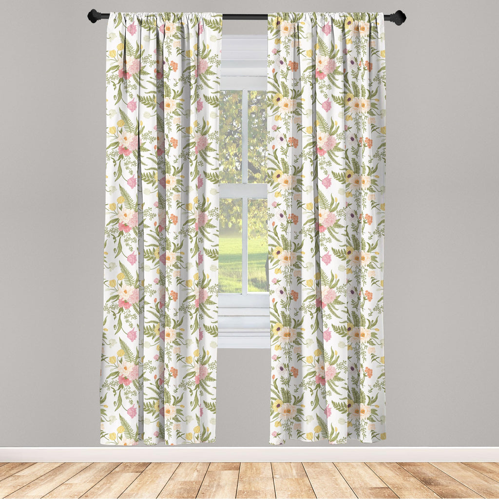 Ambesonne English Garden Curtains, Repetitive Floral Pattern With Vintage Different Flowers Bouquet, Window Treatments 2 Panel S