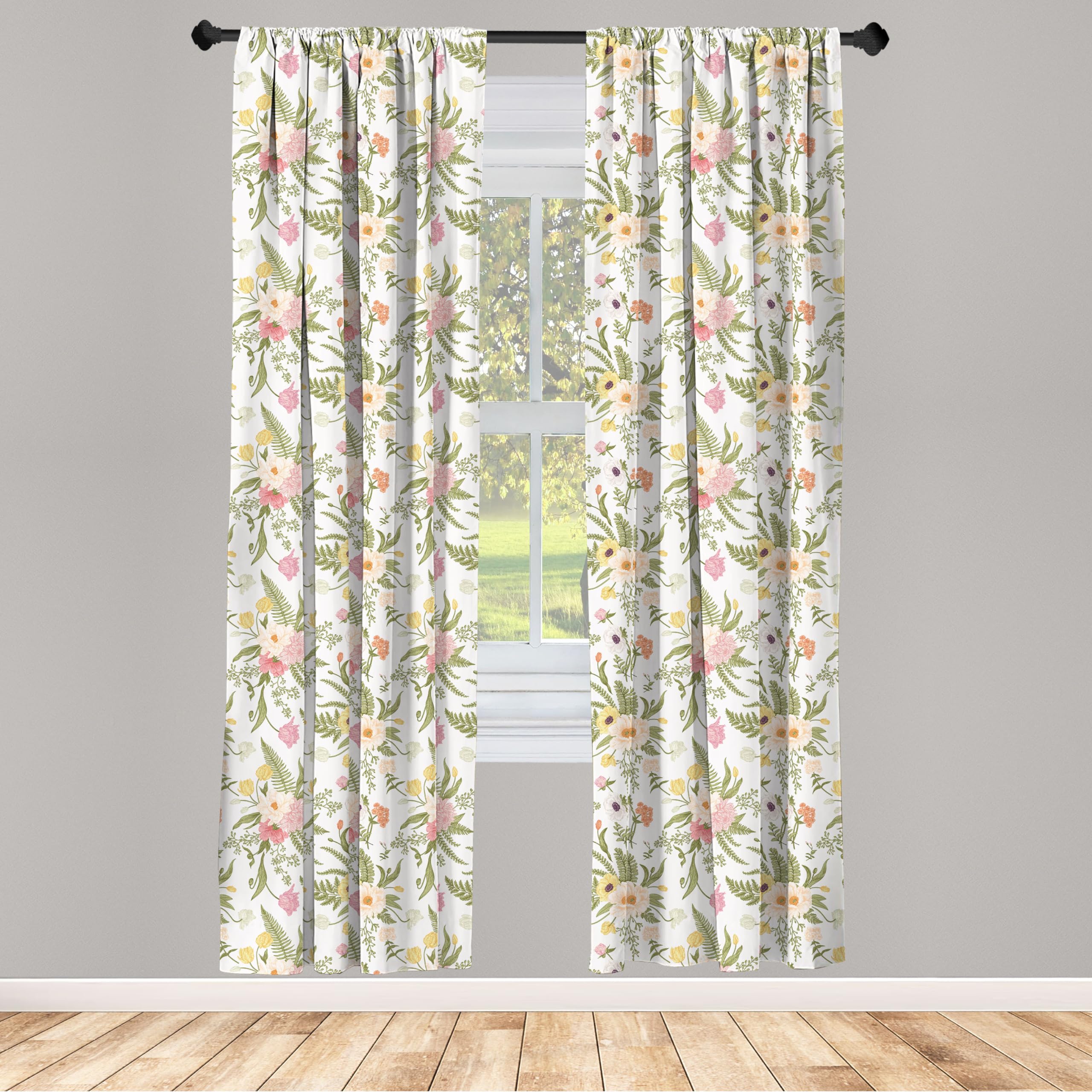 Ambesonne English Garden Curtains, Repetitive Floral Pattern With Vintage Different Flowers Bouquet, Window Treatments 2 Panel S