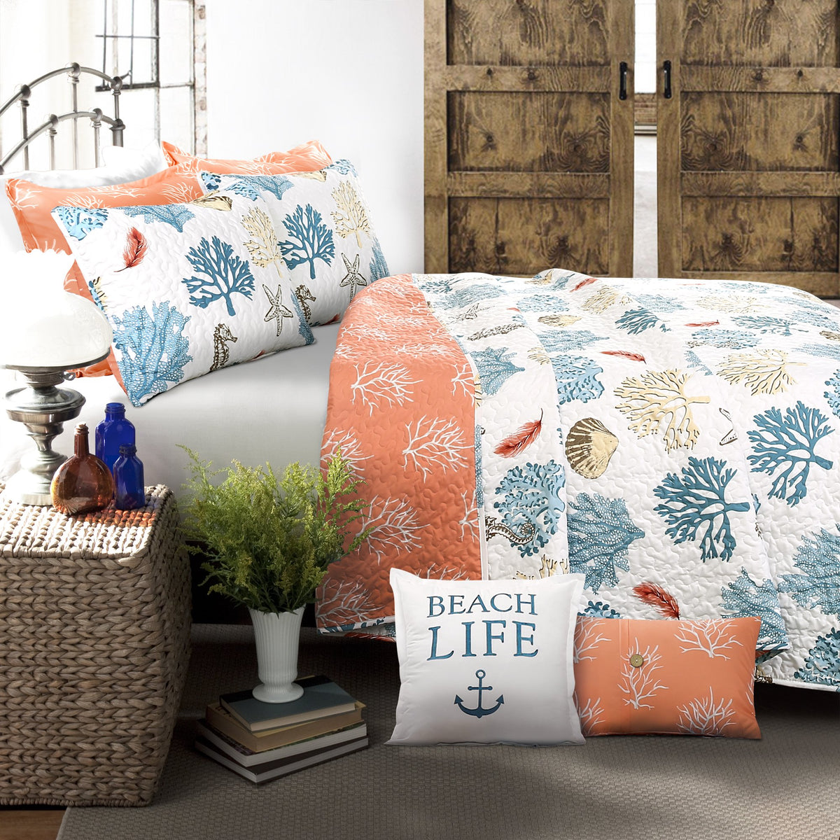 Lush Decor Coastal Reef Feather Reversible Quilt Set, 7 Piece Set, King, Blue & Coral - Tropical Beach Bedding Set With Throw Pi
