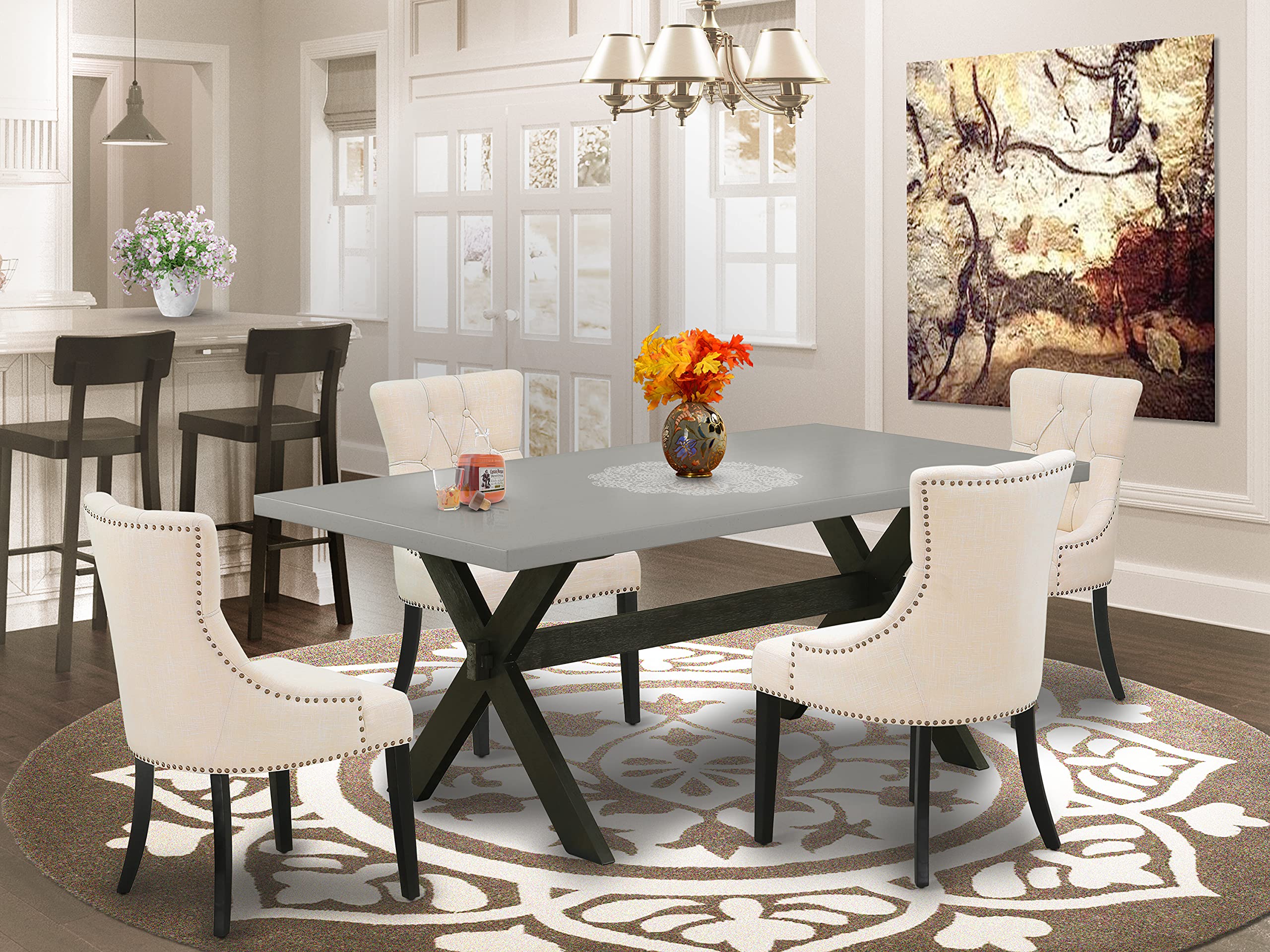 East West Furniture X697Fr102-5 5 Piece Kitchen Table Set For 4 Includes A Rectangle Dining Room Table With X-Legs And 4 Light Beige Linen Fabric Upholstered Chairs, 40X72 Inch, Multi-Color