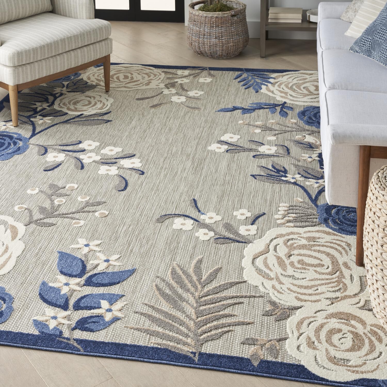 Nourison Aloha Indoor/Outdoor Modern Blue/Grey 6' X 9' Area Rug, Easy Cleaning, Non Shedding, Bed Room, Living Room, Dining Room, Kitchen (6X9)