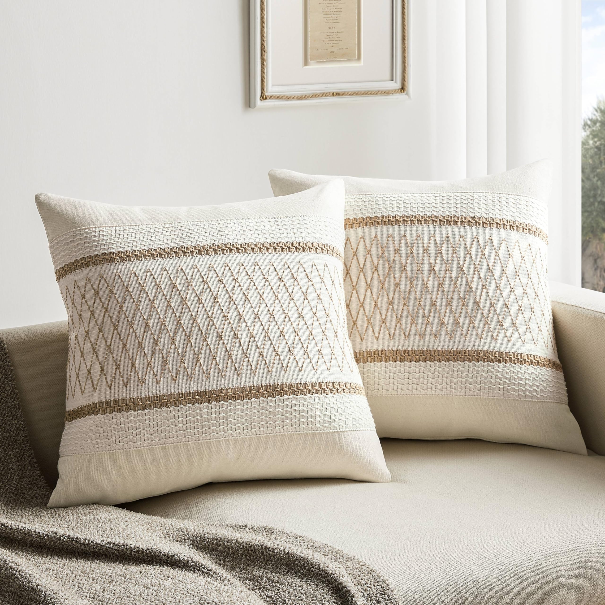 Zeemart 2 Packs Cotton Boho Throw Pillow Covers 18X18 Inch Grid Brown, Soft Farmhouse Decorative Couch Pillow Cases Neutral Cushion Covers For Sofa Bed Living Room Home Decor