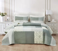 Chezmoi Collection Cooper 3-Piece Muted Gray White Ivory Floral Plaid Patchwork Quilt Set - Pre-Washed Cotton Quilted Lightweigh