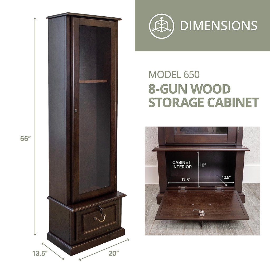 American Furniture Classics Wood Gun Display Cabinet, 8 Gun, Tempered Glass Door, Espresso Brown, Model 650