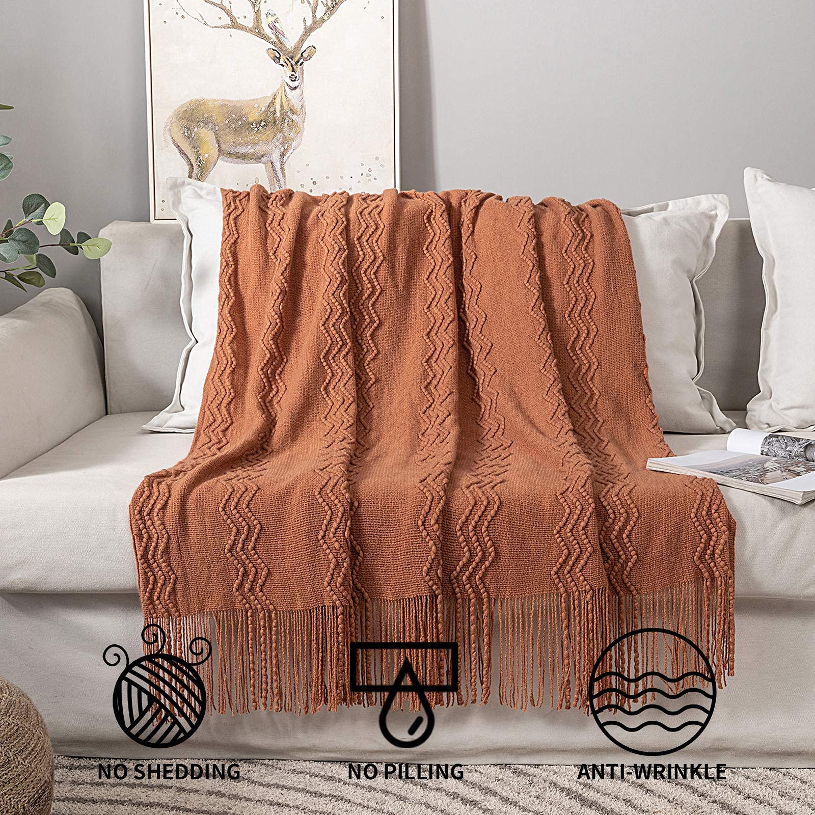 MIULEE Knitted Boho Throw Blanket, 50x60, Textured Knit in Terracotta Rust with Tassels, Cozy Farmhouse Decor for Couch or Bed