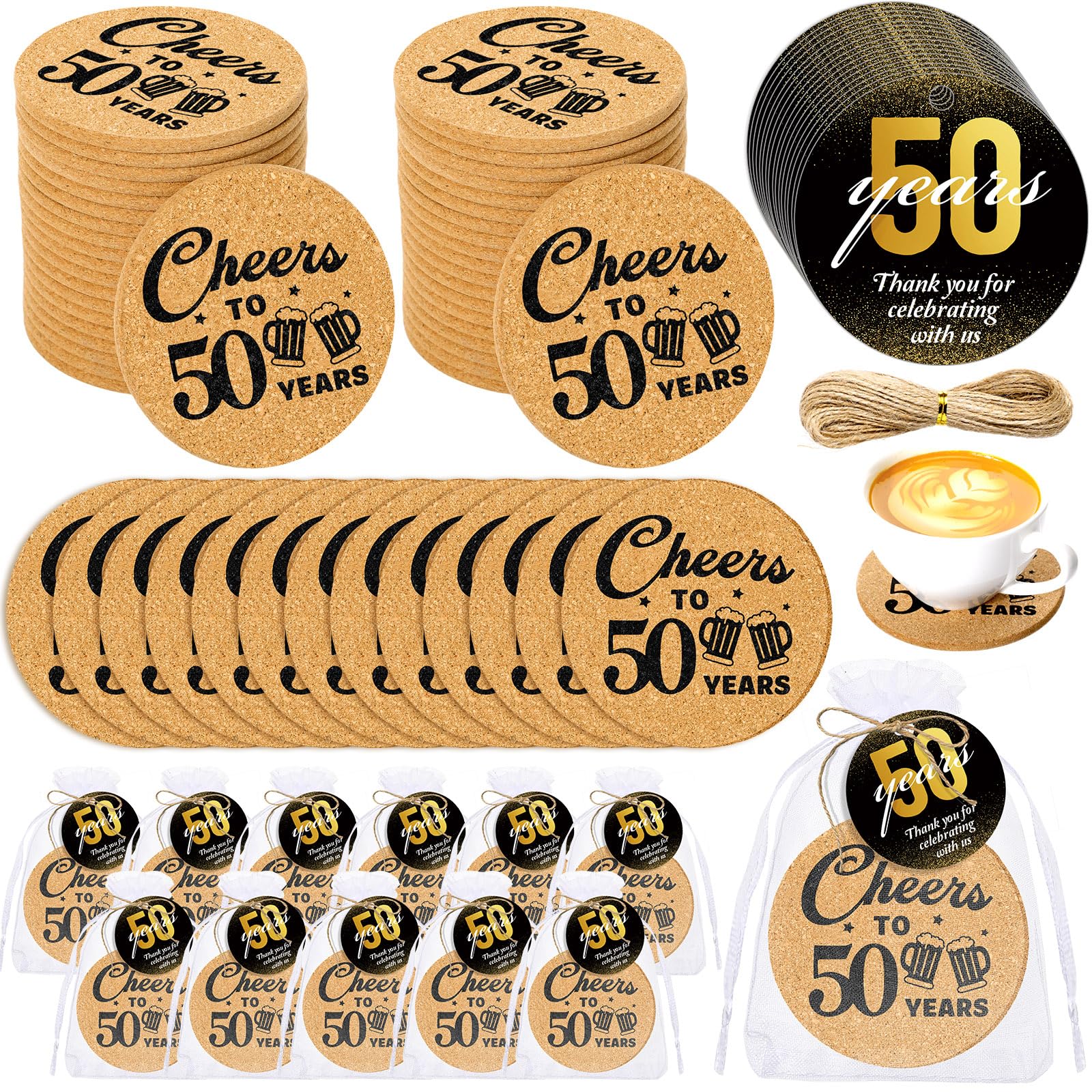 Sieral 50 Sets 50th Birthday Party Favors for Guests Cheers to 50 Years Anniversary Cork Coasters with Cards Twine and Organza G