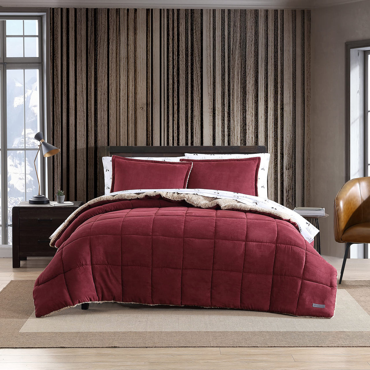 Eddie Bauer - Twin Comforter Set, Reversible Sherpa Bedding With Matching Shams, Cozy & Warm Home Decor (Sherwood Red, Twin)