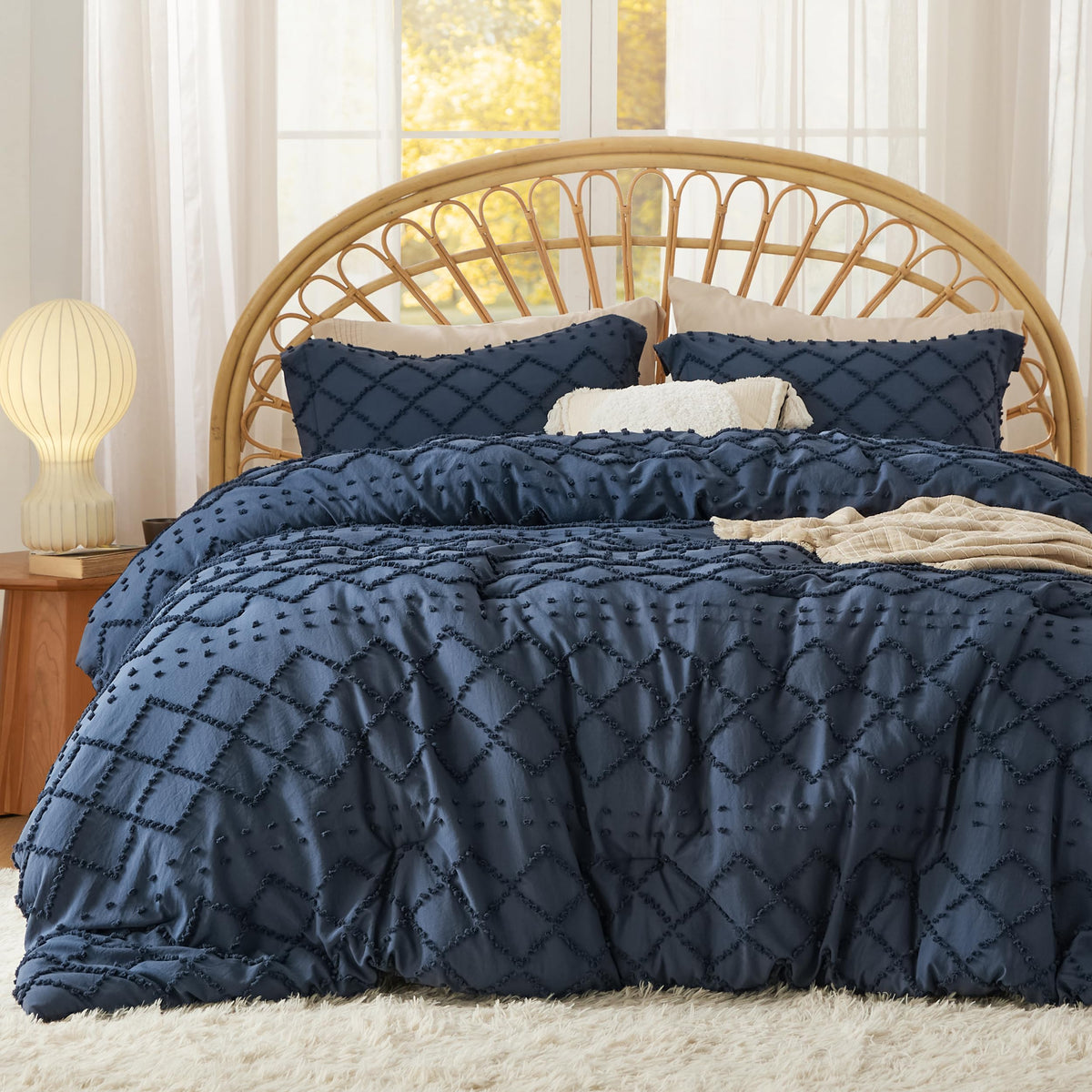 Bedsure Boho Comforter Set Queen - Navy Tufted Shabby Chic Bedding Comforter Set For All Seasons, 3 Pieces Western Comforter Set