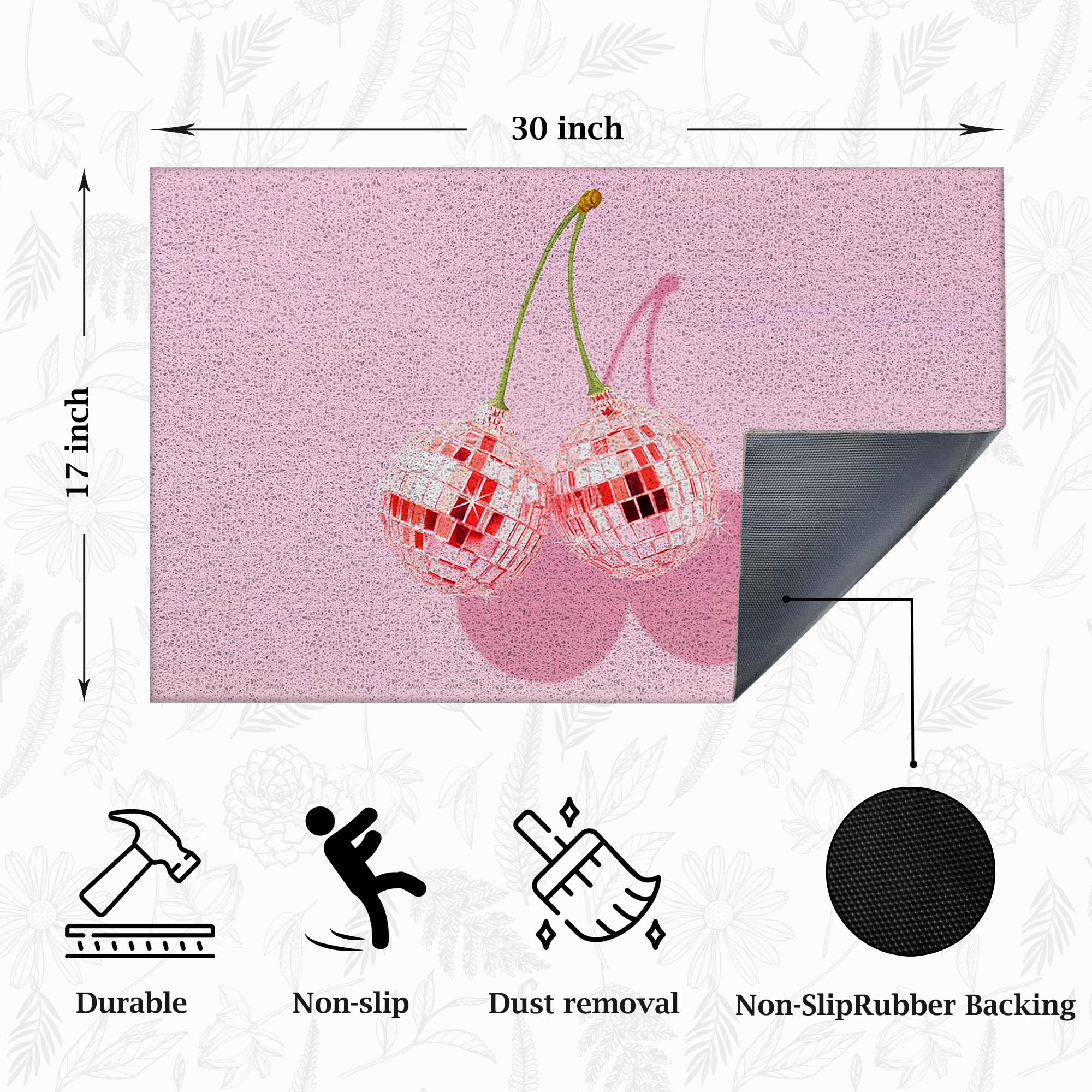 Supwhd Trendy Preppy Pink Cherry Disco Ball Door Mats Outdoor - Pink Welcome Mat, Pink Door Mat Doormat Outdoor Indoor Entrance,