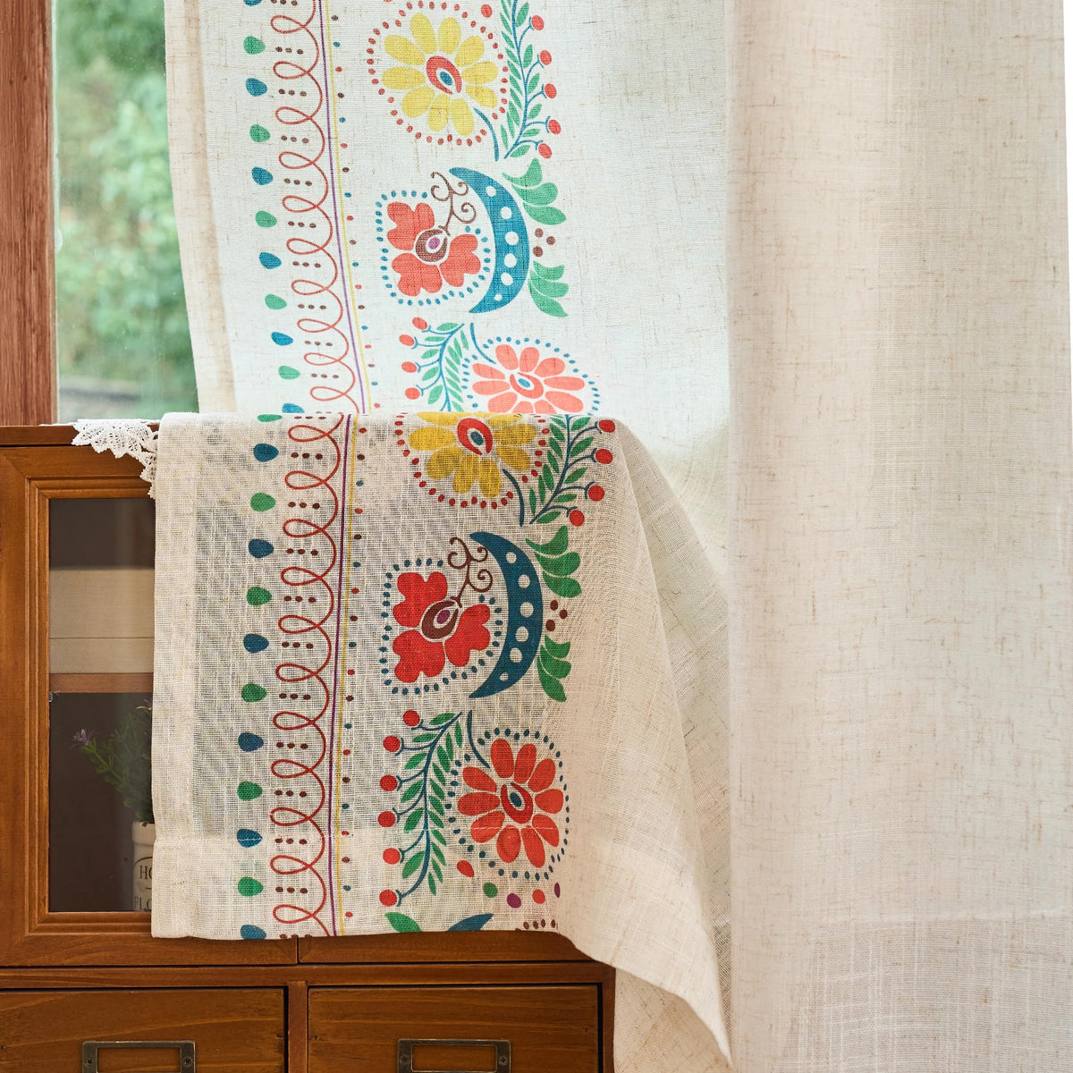 MEETSKY Boho Floral Sheer Curtains 84 Inches Long Linen Flower Patterned Printed for Bedroom Living Room Light Filtering Country