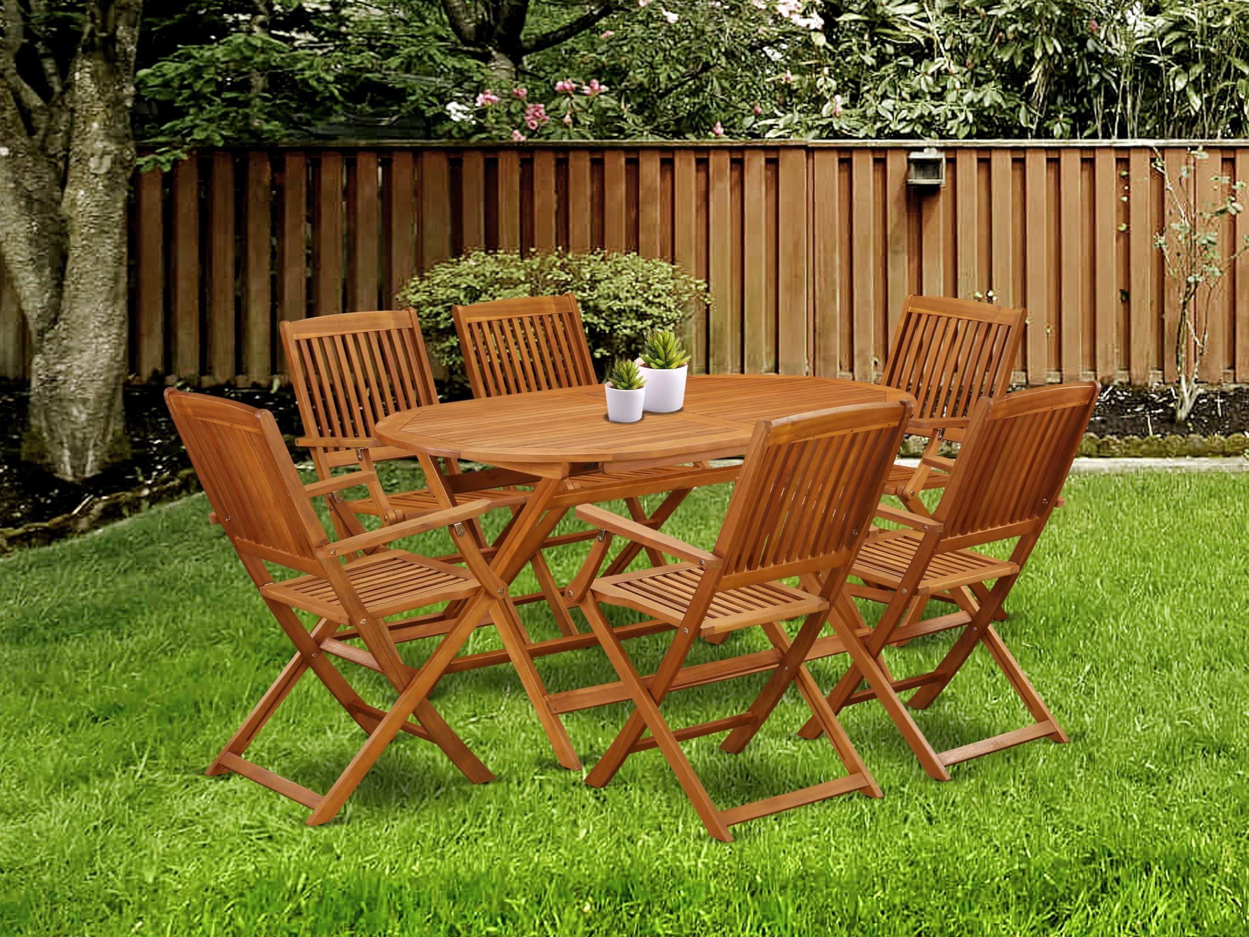 East West Furniture Dicm7Cana Diboll 7 Piece Patio Garden Set Consist Of An Oval Outdoor Acacia Wood Dining Table And 6 Folding Arm Chairs, 36X60 Inch, Natural Oil