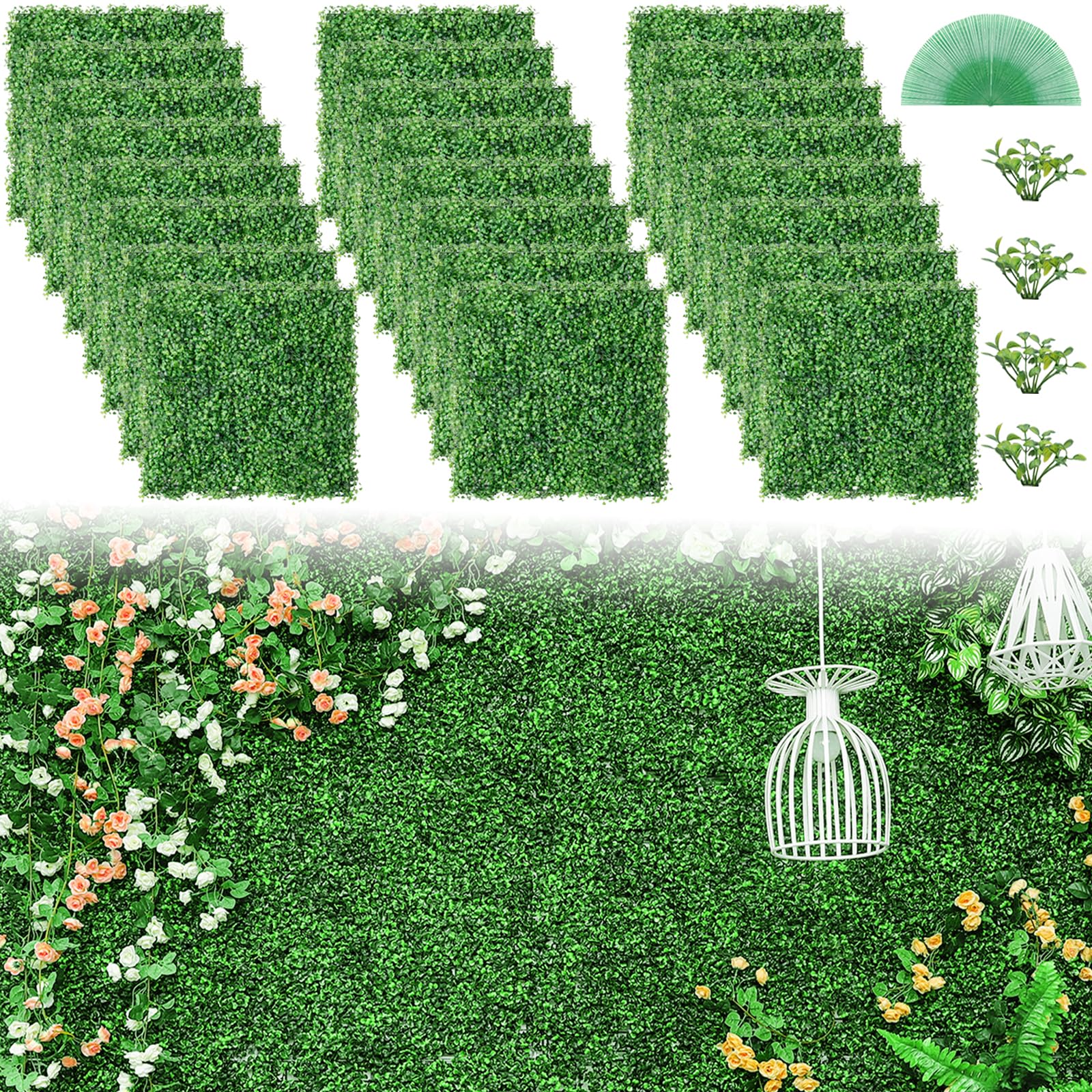 Luyue 24 Pcs Artificial Grass Wall Panels 20'  20' Boxwood Panels Fake Grass Privacy Fence Screen Greenery Wall Backdrop