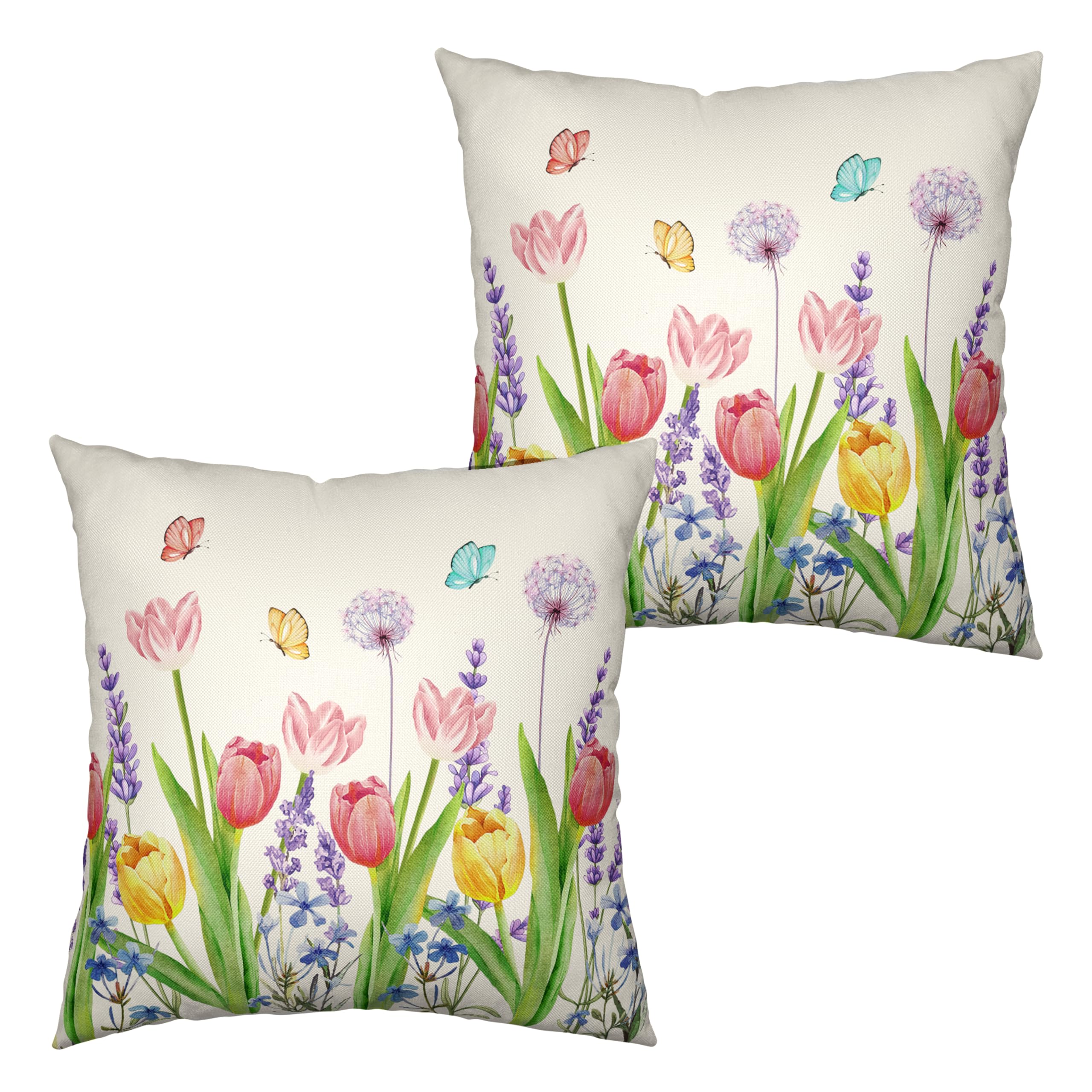 Kwlegh Summer Floral Throw Pillows Cover 18X18 Set Of 2 Pink Tulip Flower Pillow Covers Lavender Dandelion Butterfly Decorative