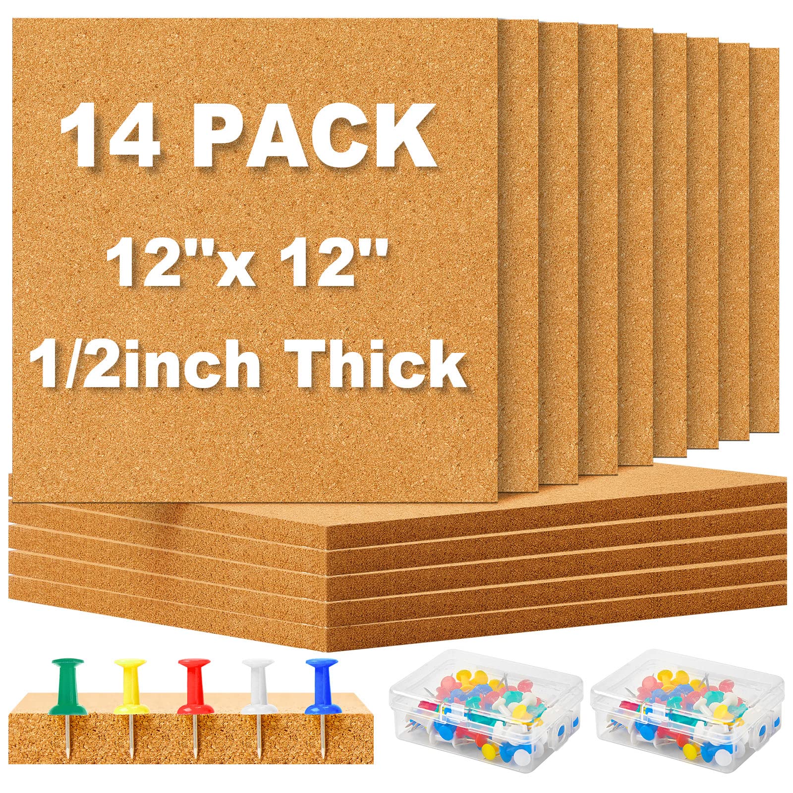 14 Pcs Cork Board Tiles 12 X 12 In 1/2 In Thick Square Bulletin Boards Cork Tiles Bulk With Push Pins Mini Natural Self Adhesive