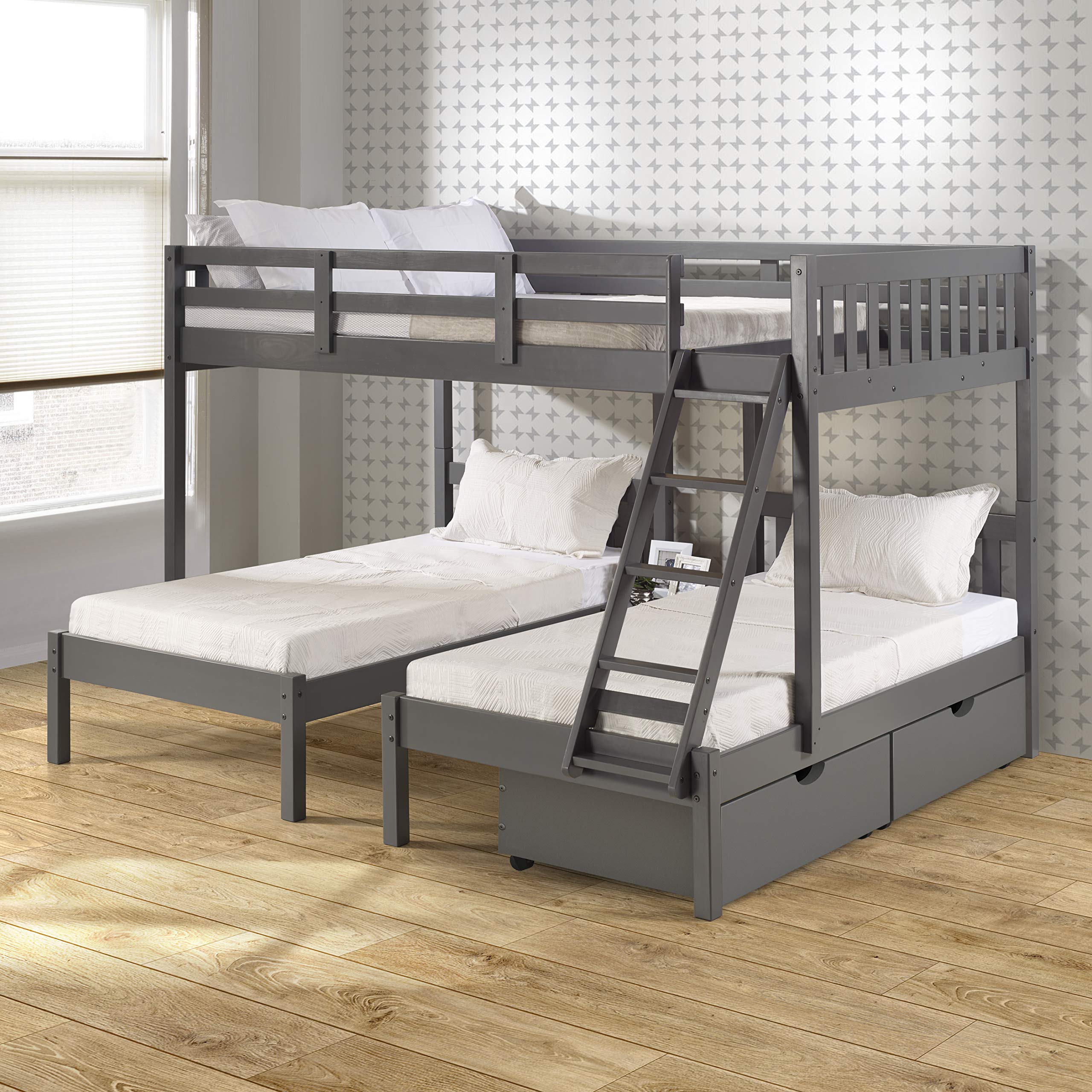 Donco Kids Full Over Double Twin Bed Loft Bunk In Dark Grey Finish With Dual Under Bed Drawers