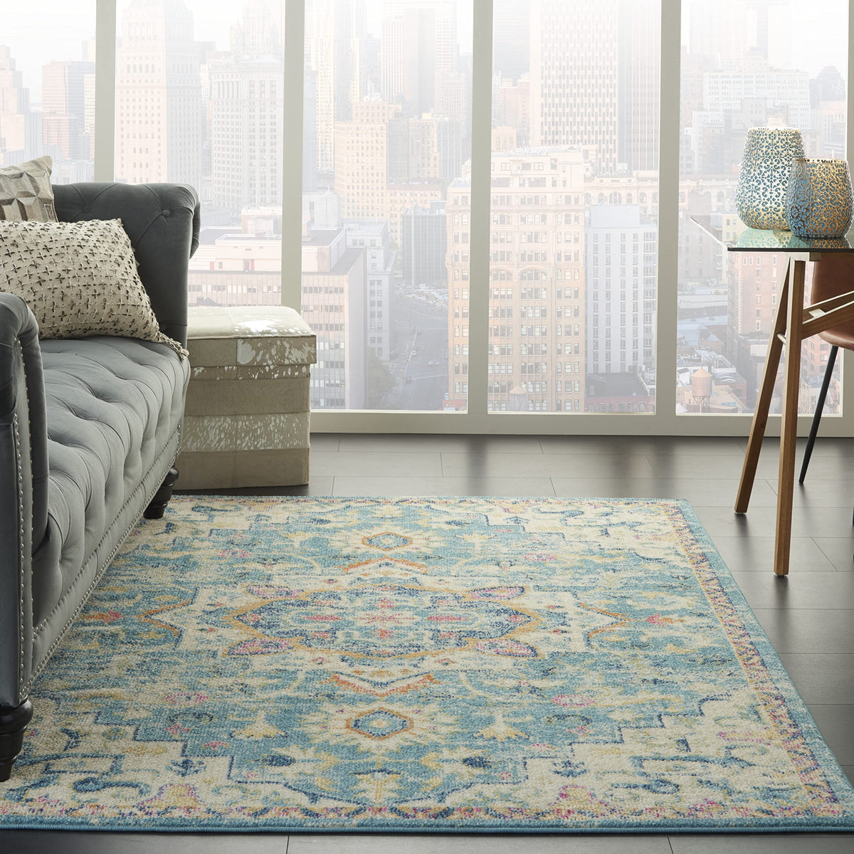 Nourison Passion Ivory/Light Blue 6'7' X 9'6' Area Rug, Boho, Moroccan, Bed Room, Living Room, Dining Room, Kitchen, Easy Clea