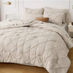 Bedsure Queen Comforter Set - 7 Pieces Beige Pintuck Bedding with Sheets, Pillowcases & Shams, Polyester Material