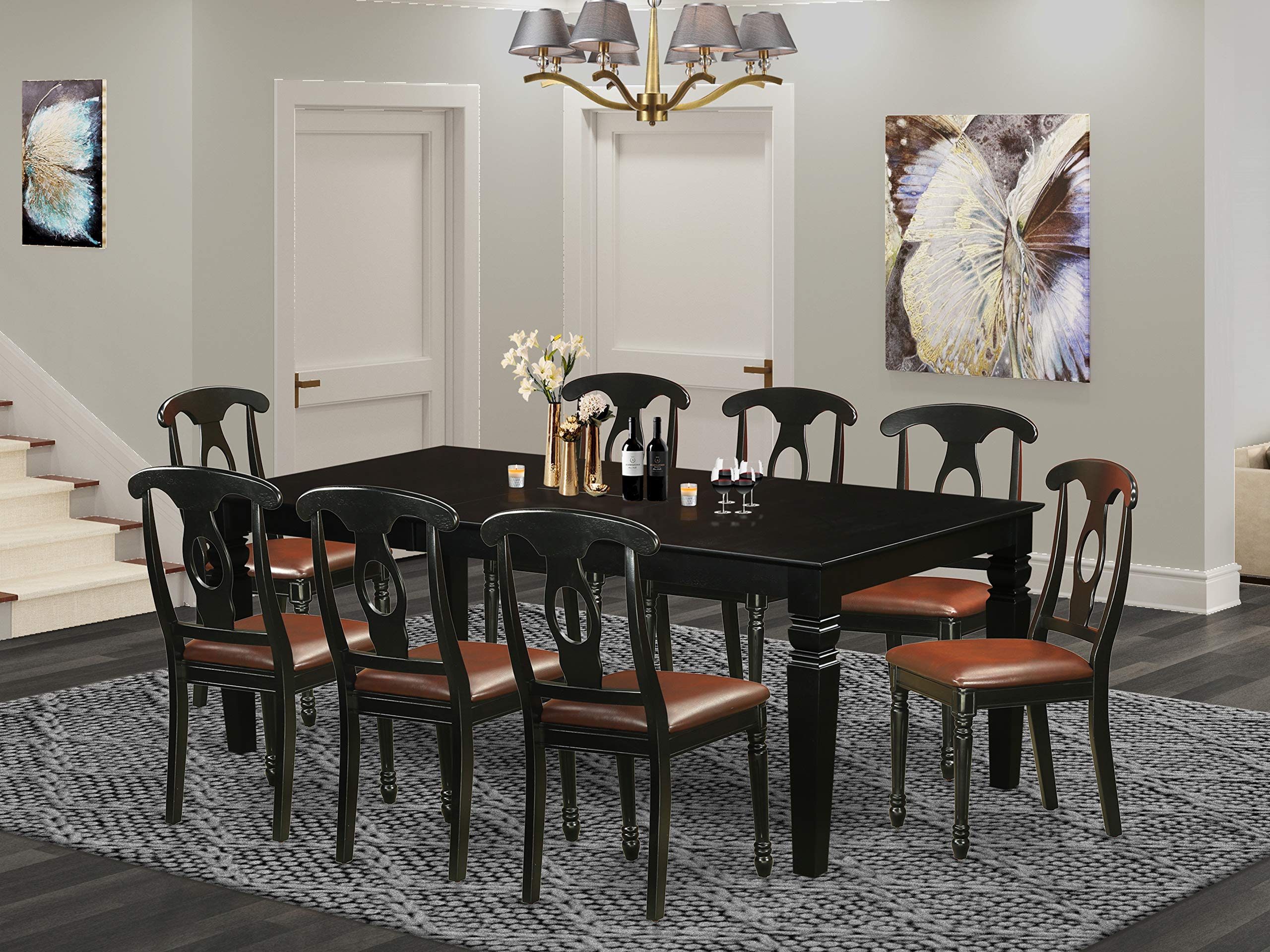 East West Furniture LGKE9-BLK-LC Logan 9 Piece Room Set Includes a Rectangle Kitchen Table with Butterfly Leaf and 8 Faux Leather Upholstered Dining Chairs, 42x84 Inch, Black
