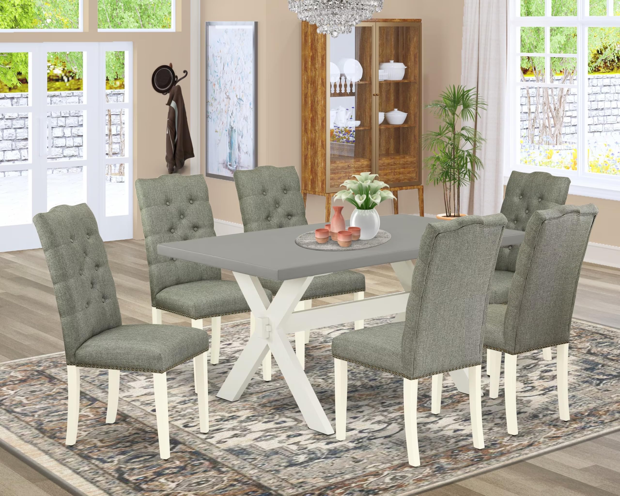East West Furniture X096El207-7 7 Piece Dining Room Table Set Consist Of A Rectangle Dining Table With X-Legs And 6 Gray Linen Fabric Upholstered Parson Chairs, 36X60 Inch, Multi-Color