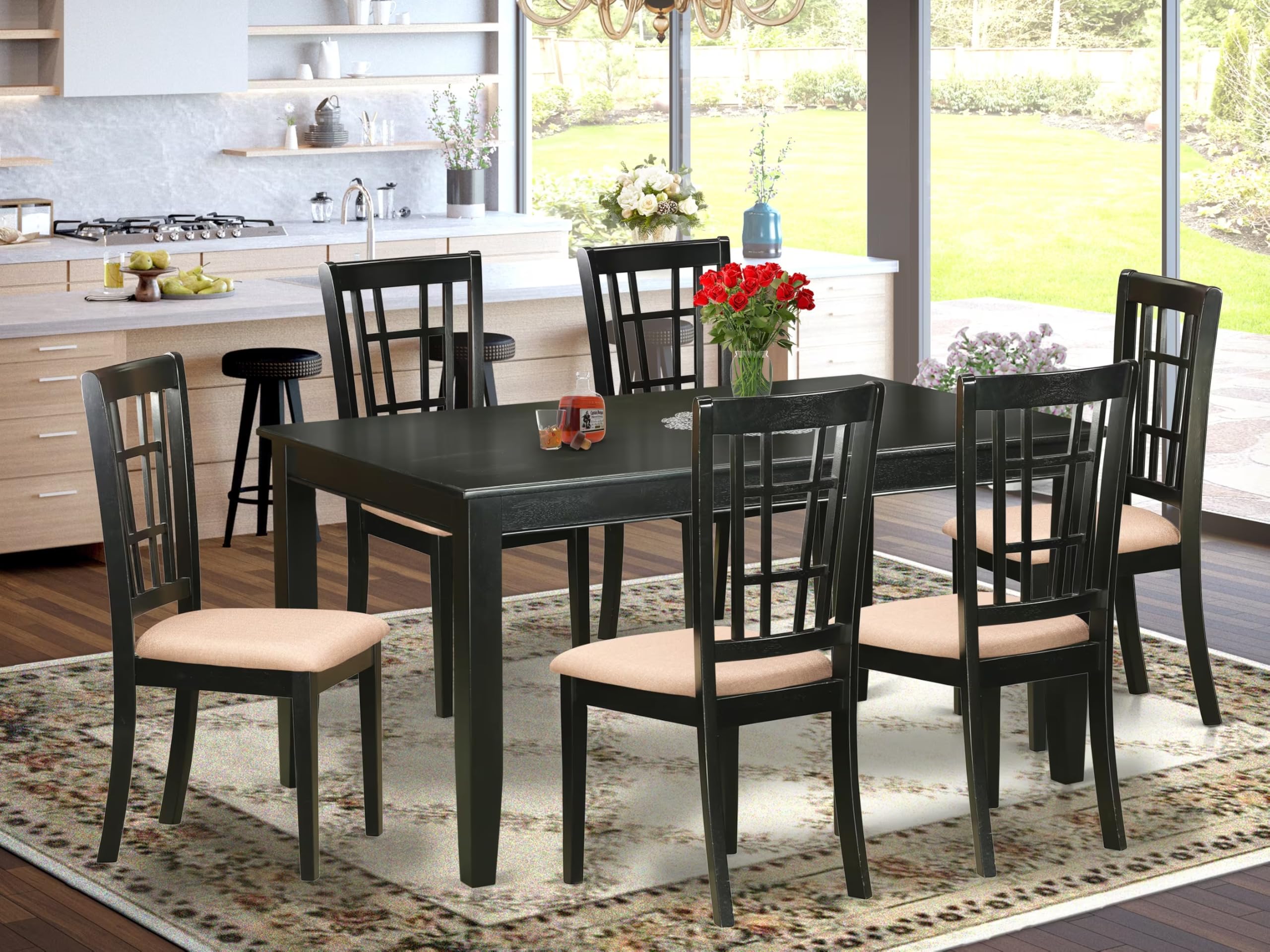 East West Furniture DUNI7-BLK-C 7 Piece Dining Room Table Set Consist of a Rectangle Kitchen Table and 6 Linen Fabric Upholstered Dining Chairs, 36x60 Inch, Black