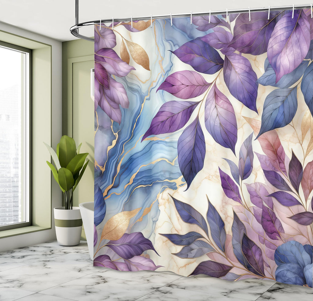 Ambesonne Purple Shower Curtain, Leaves Dancing In The Wind Art On A Marble Print Background In Warm Tones, Cloth Fabric Bathroo