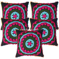 Stylo Culture Decorative Cotton Cushion Covers 16X16 Inch Suzani Embroidered Pom Pom Lace Black & Pink Drawing Room Floral Bohem