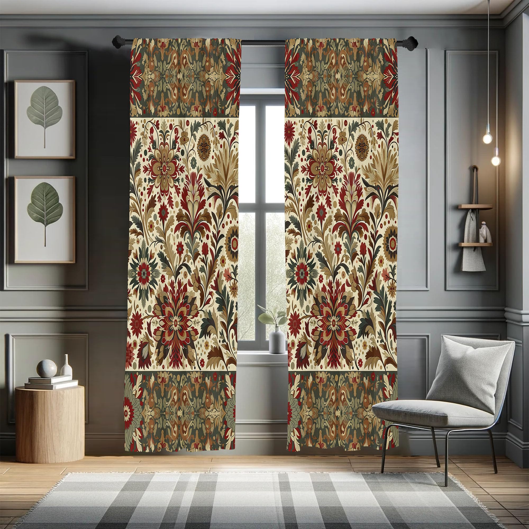 Ambesonne Floral Art Curtains, Ethnic Oriental Curlicue Leaves Greenery with Trippy Flowers Bohemian, Window Treatments 2 Panel 