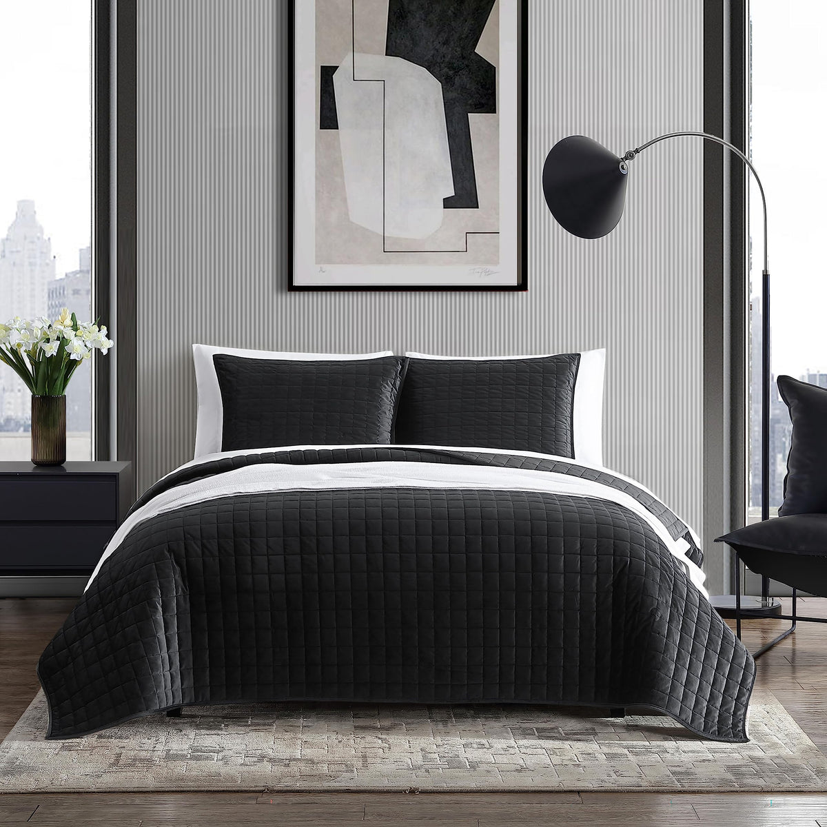Vera Wang- Queen Quilt Set, Super Soft Bedding Set With Matching Shams, Modern Room Essentials (Diamond Black, Queen)