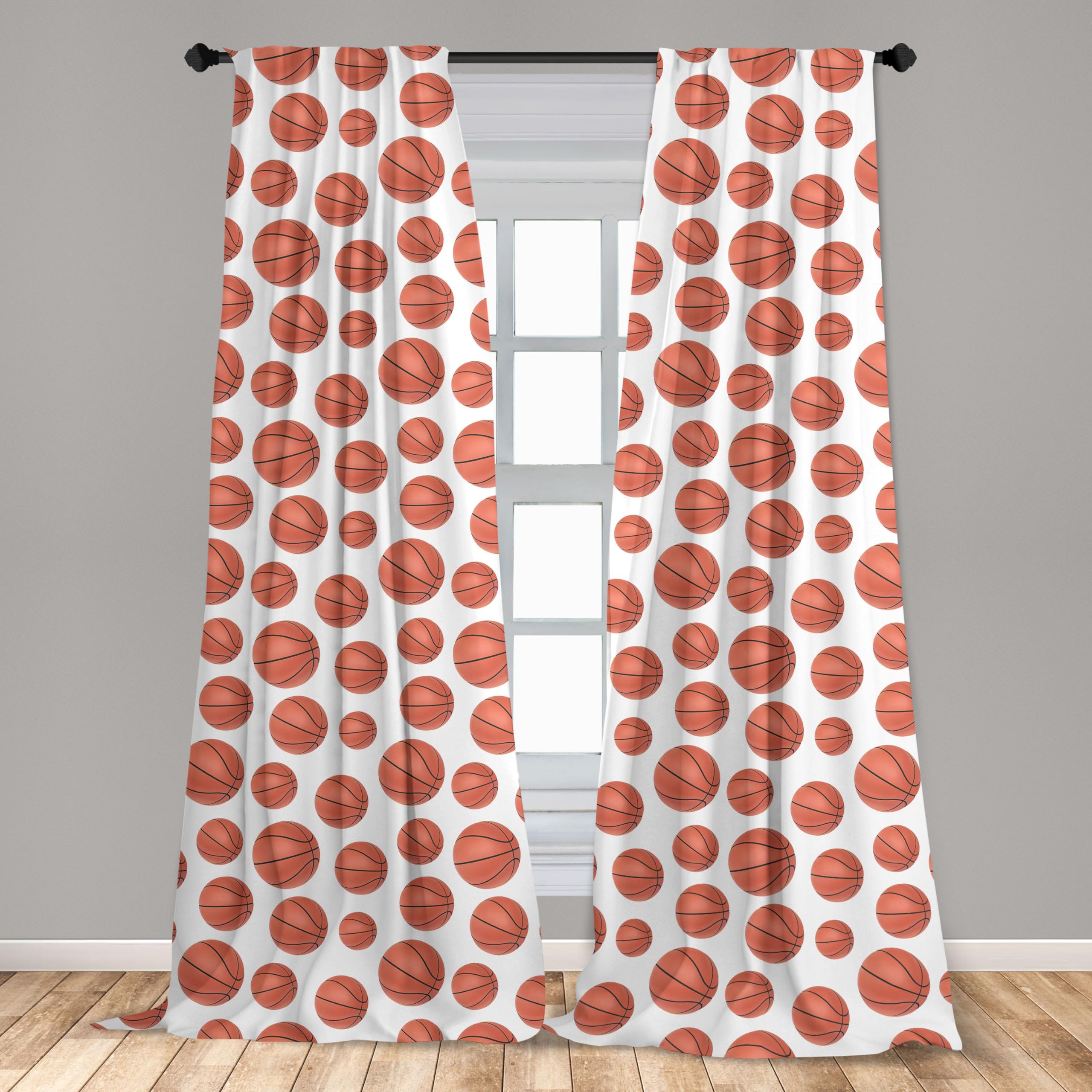 Ambesonne Basketball Window Curtains Pack Of 2, Realistic Style Balls Pattern On White Classical Sports Themed, Lightweight Set