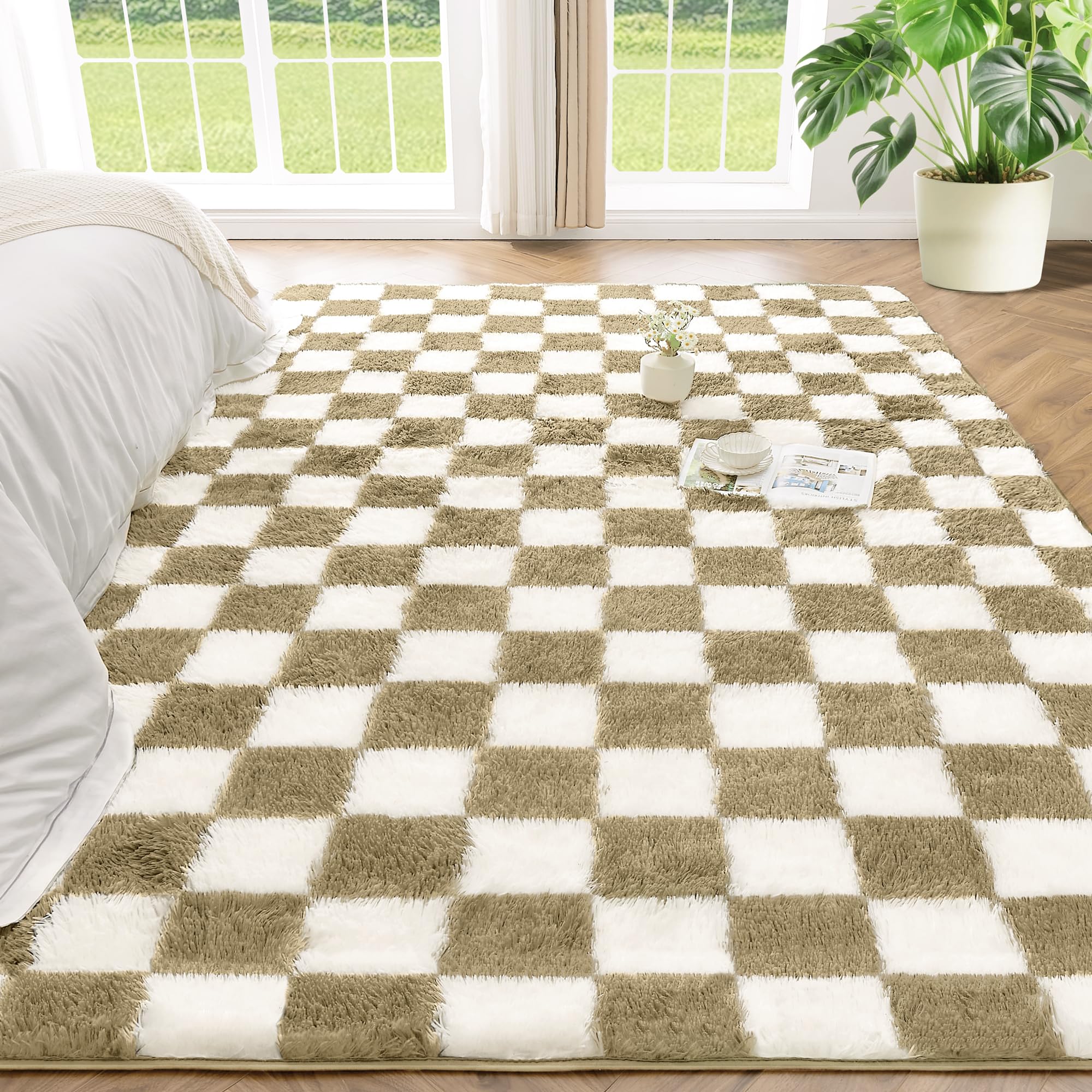 Andency 3x5 Shag Area Rug for Living Room, Black and White Checkered Fluffy Fuzzy Plush Shaggy Small Rug for Bedroom, Soft Furry