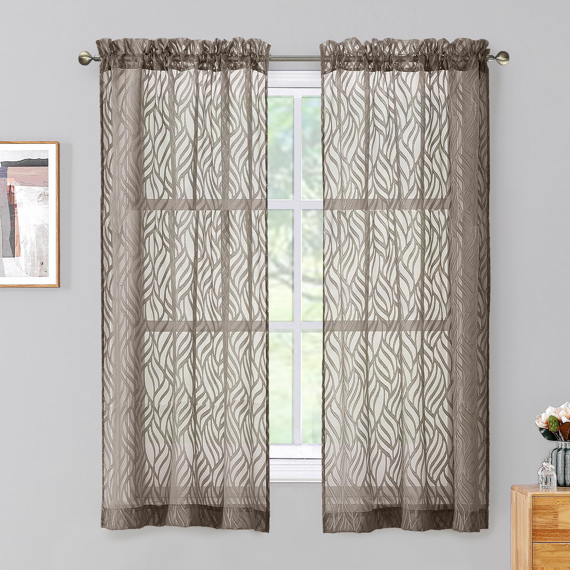 Chyhomenyc Marilyn Chocolate Brown Sheer Curtains 63 Inch Length 2 Panels, Light Filtering Breathable 3D Leaf Clip Jacquard Text